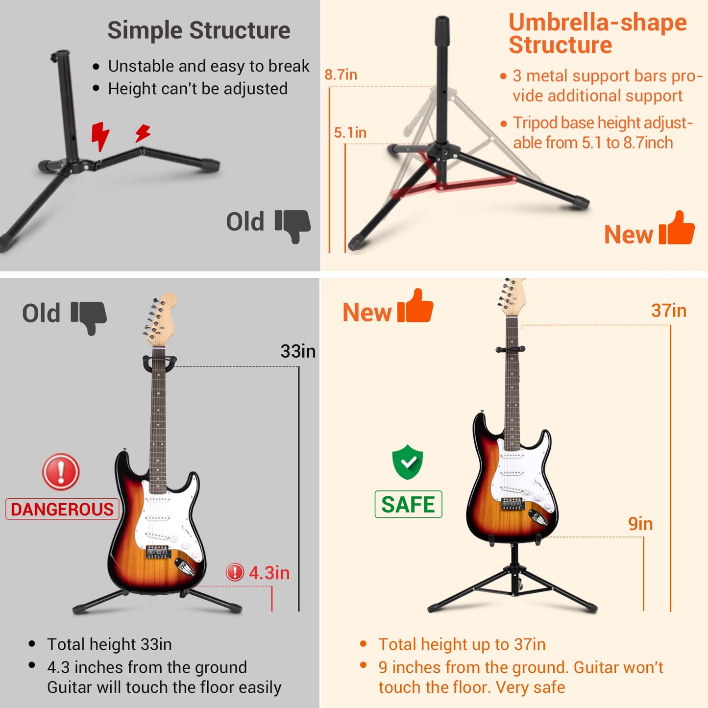 CAHAYA Guitar Stand Floor - Folding Universal Guitar Holder for Acoustic Electric Guitars Bass Guitar Adjust Height from 30.7 to 37 In Folding Tripod Guitar Stands with Neck Holder