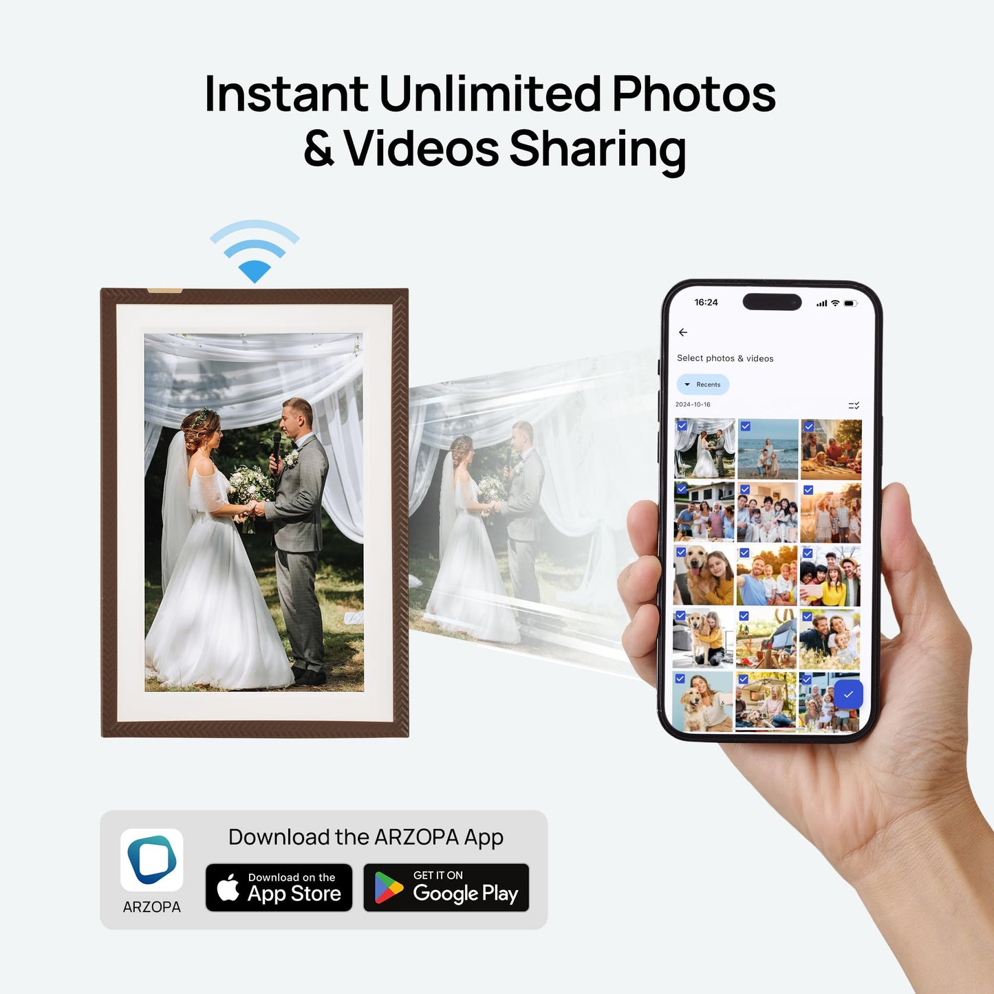 ARZOPA WiFi Digital Picture Frame 10.1" HD IPS Touch Screen Smart Photo Frame Electronic Free Arzopa App Custom Picture Frame for Gifting Easy Share Unlimited Photos Videos from Anywhere - D10 Brown