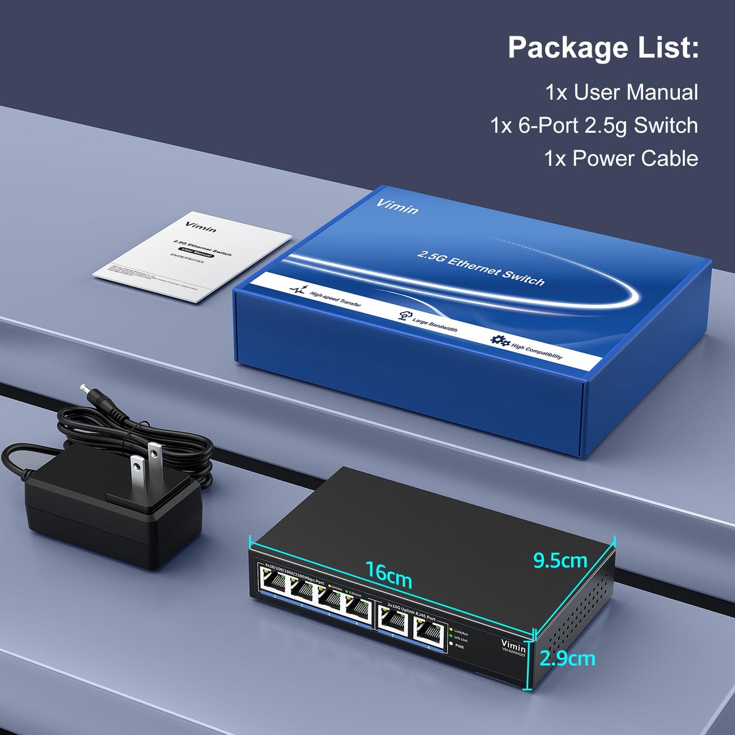 6-Port 10G/2.5G Ethernet Switch with Dual 10GBASE-T, Vimin 4X 2.5G +2 x 10Gb RJ45 Ports Unmanaged Switch, 60Gbps Capacity, 10G Switch Desktop/Wall Mount Network Switch for NAS, PC, Wireless AP