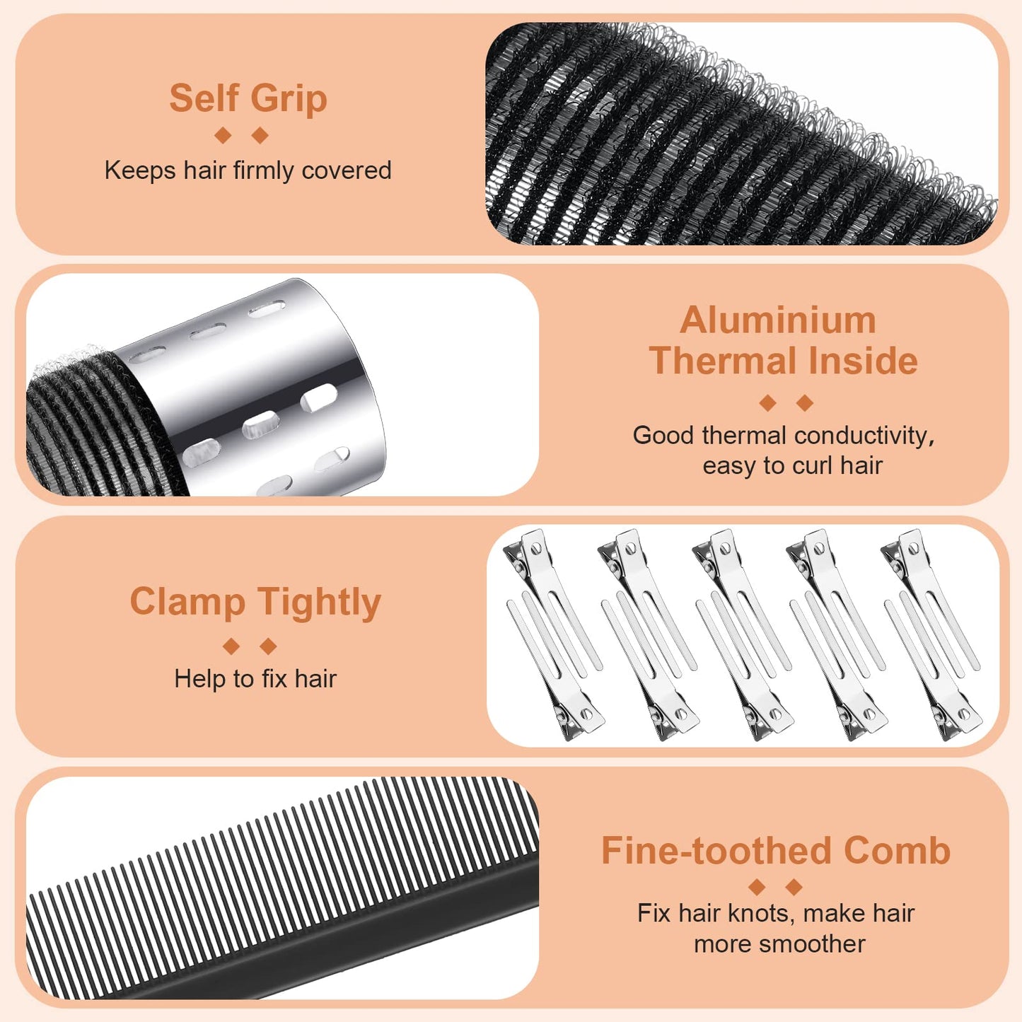 37 Pcs Aluminum Thermal Hair Rollers Set 3 Sizes Self Grip Hair Rollers 18 Pcs Duckbill Clips, Comb Hairdressing Styling Tool for Women, Men(0.98'', 1.42'', 1.8'',Black)