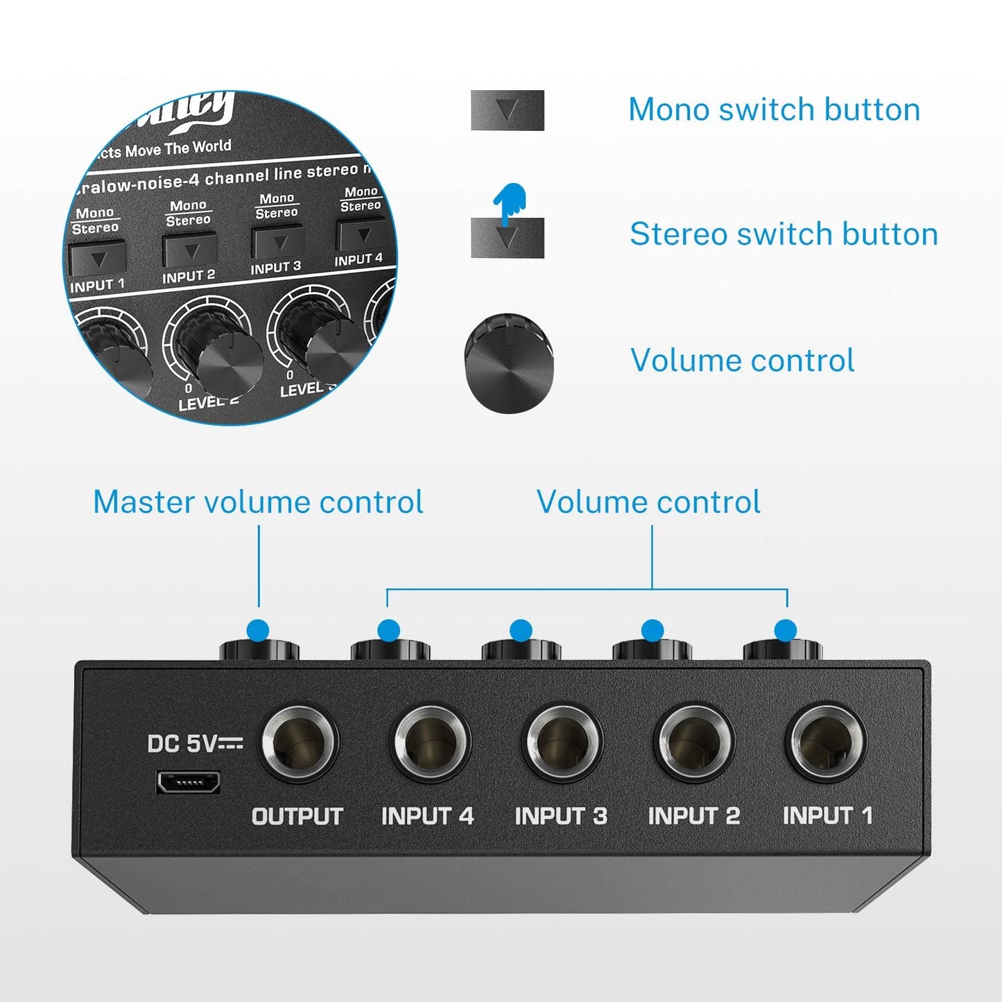 Moukey Stereo Mini Audio Mixer, Ultra Low-Noise 4-Channel Line Mixer for Sub-Mixing, DC 5V Audio Mixer with USB Cable, Ideal for Small Clubs or Bars, As Microphones, Guitars, Bass, Keyboards-MAMX1