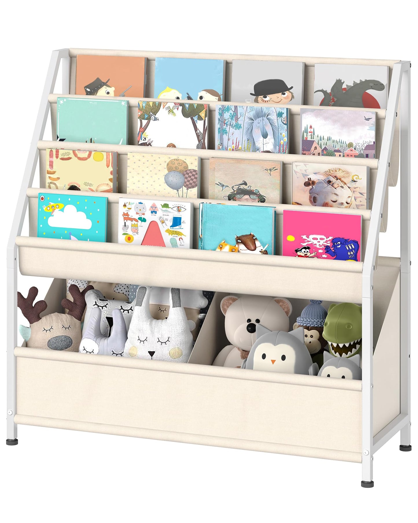 CHOEZON Kids Bookshelf with 4-Tier Oxford Slings, Kids Book Rack with Toy Storage, Magazine Book Rack, Large Capacity Book Organizer for 3-8 Years Olds, for Kids Room, Nursery, Playroom, Beige TCW09WM