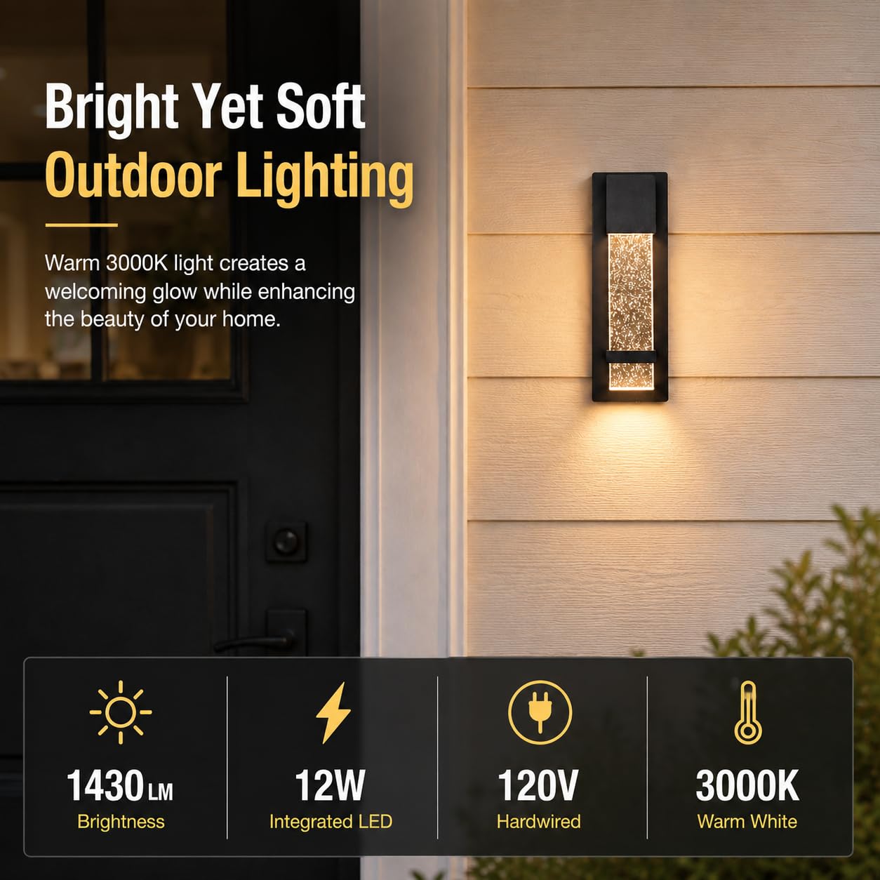 Modern Outdoor Wall Light, 12W LED Wall Sconce 3000K Warm Light, Waterproof Black Aluminum Exterior Wall Light with Bubble Crystal Glass, Hardwired Porch Light for Front Door, Patio, Garage