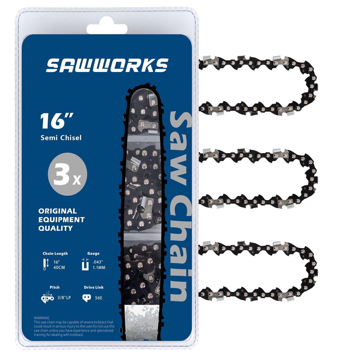 SawWorks 3-Pack 16 Inch Chainsaw Chain, 3/8" LP Pitch .043" Gauge 56 Drive Links Fits Milwaukee M18, 2727-20, Dewalt DWO1DT616T, EGO CS1600, CS1604, Oregon R56 and More