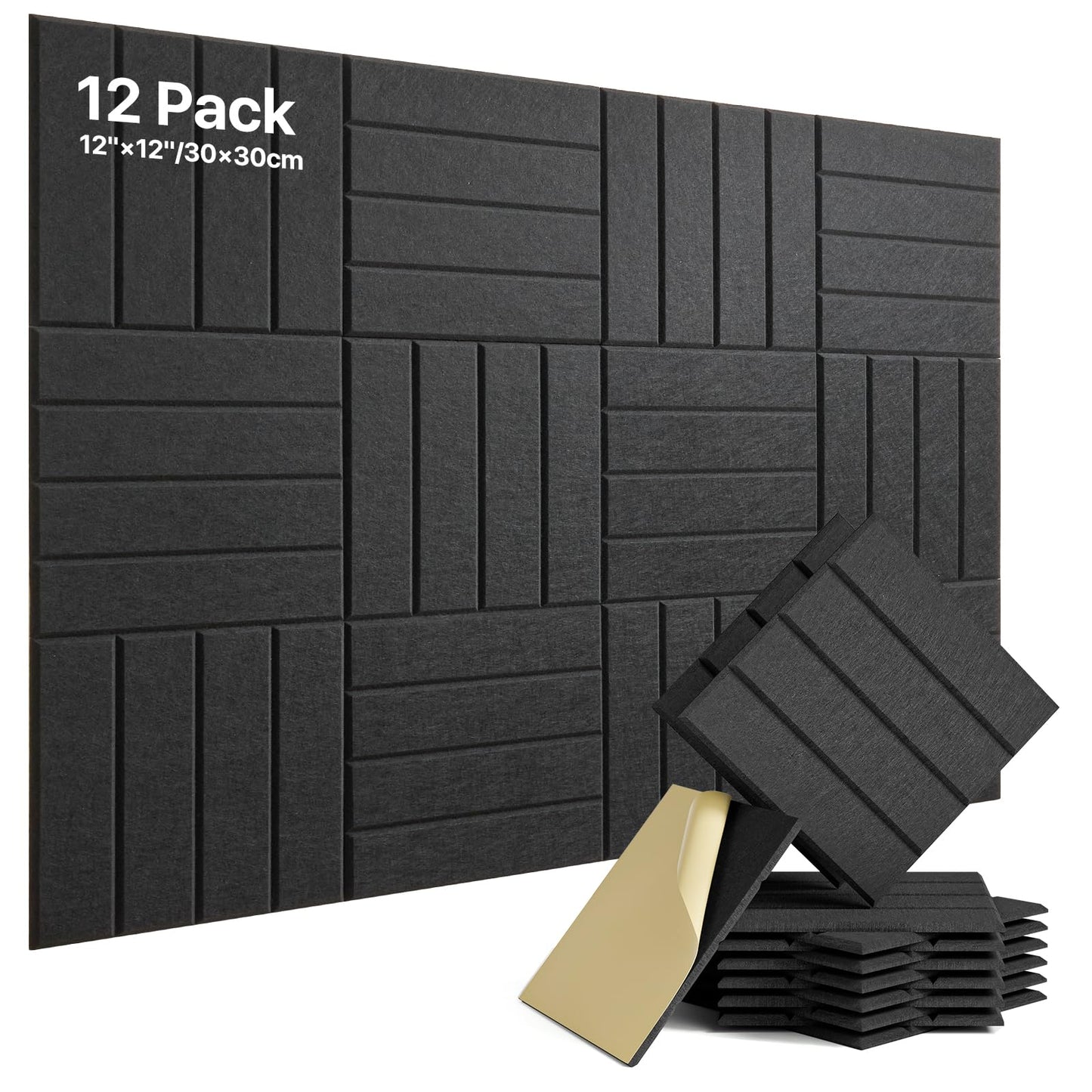 Soundsbay Sound Proof Panels Self-adhesive, 12 Pack Acoustic Panels Soundproofing High Density Panneau Acoustique, 12"×12"×0.4" Acoustic Wall Panels for Bedroom, Door, Ceiling, Living Room Black