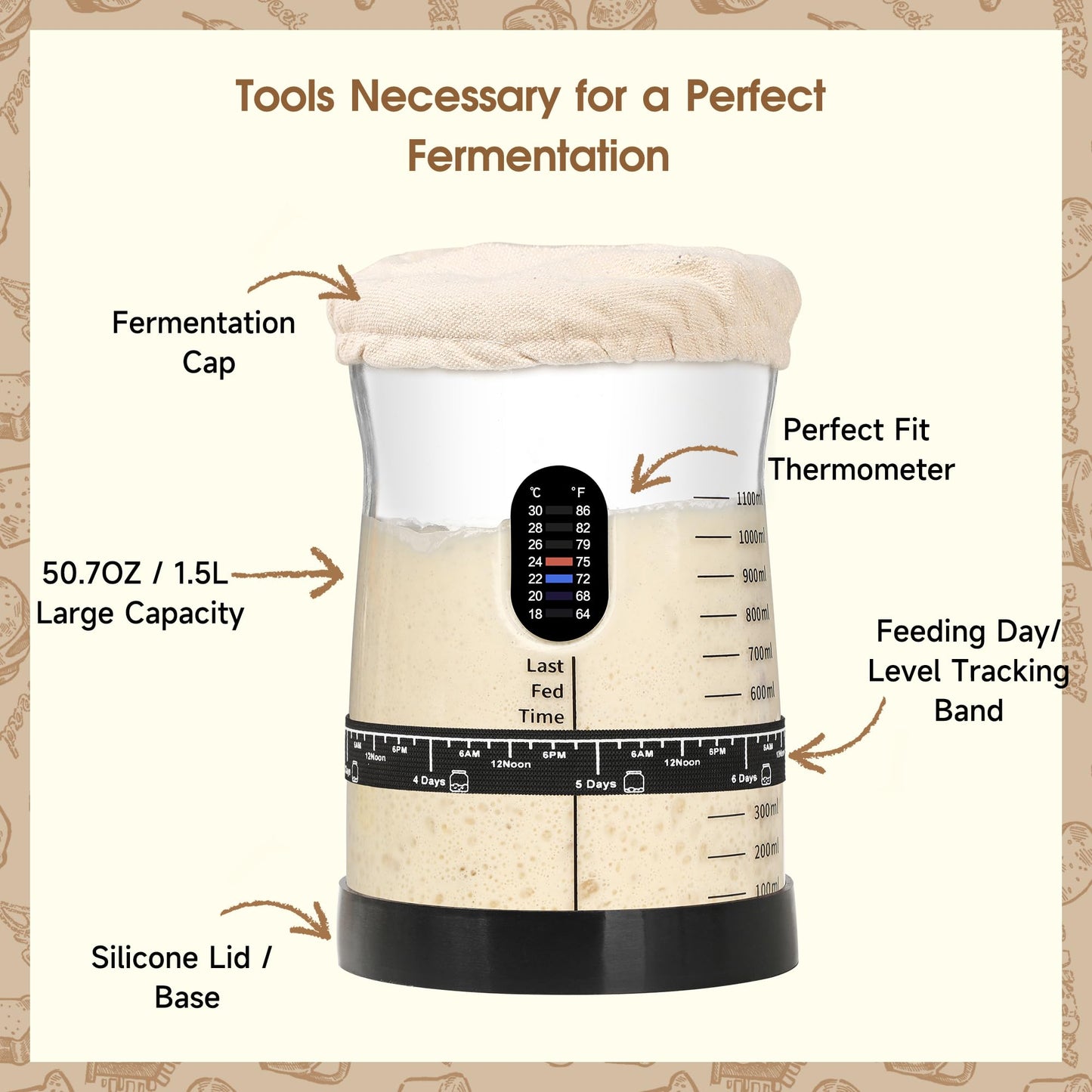 Coco Bird Pro Sourdough Starter Kit- 50oz Large Capacity Sourdough Starter Jar,17 Flavor Recipes,2 Bread Proofing Baskets,Food Scale,Bench Scraper,Bread Lame,Complete Sourdough Bread Baking Supplies