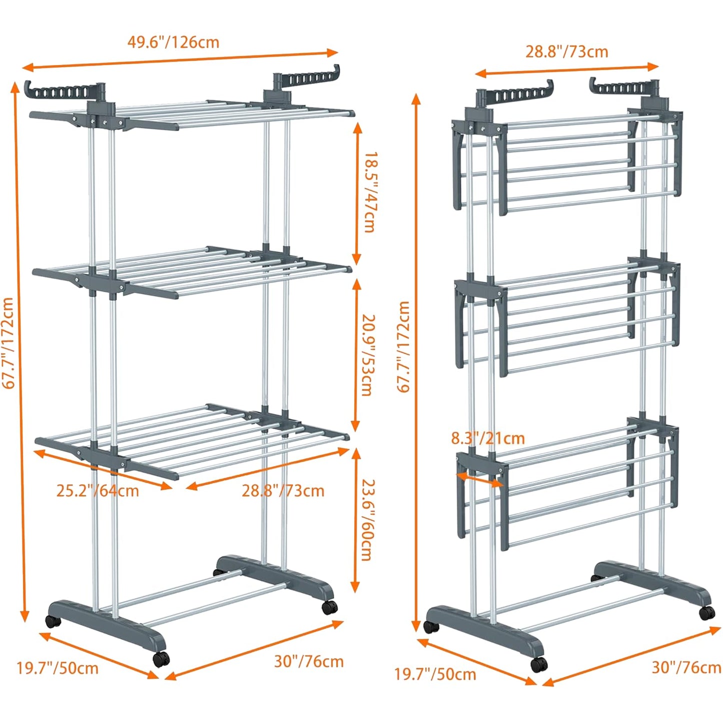 NEWBUY Clothes Drying Rack 4-Tier Foldable Laundry Drying Rack Rolling Clothing Hanger Stainless Steel for Indoor Outdoor Use Space-Saving (Grey)