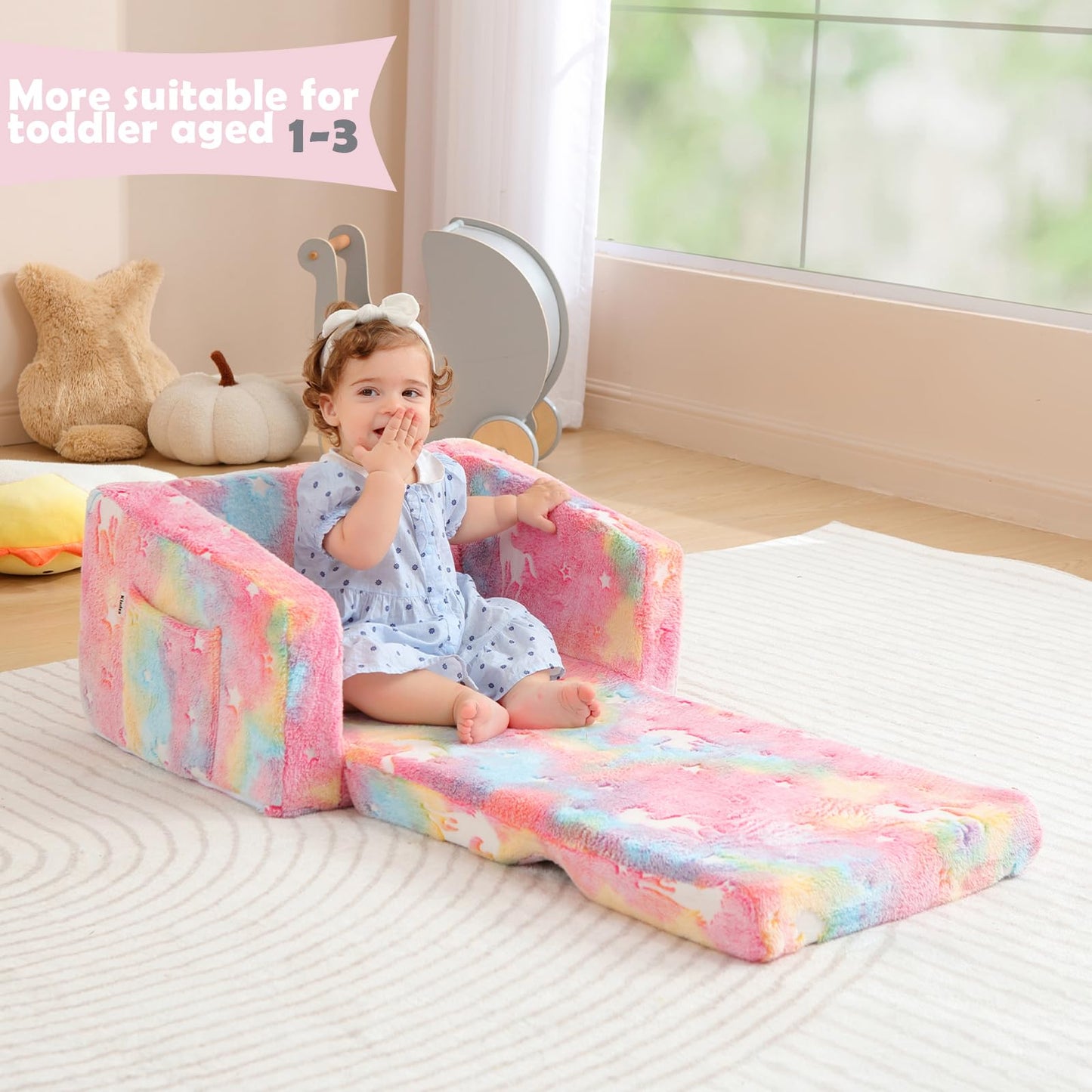 Kisdsa Toddler Couch Fold Out, Foldable Toddler Chair with Blanket, Flip Out Kids Couch,Glow in the Dark Convertible Sofa Gift for Girls & Boys (Glow Pink)