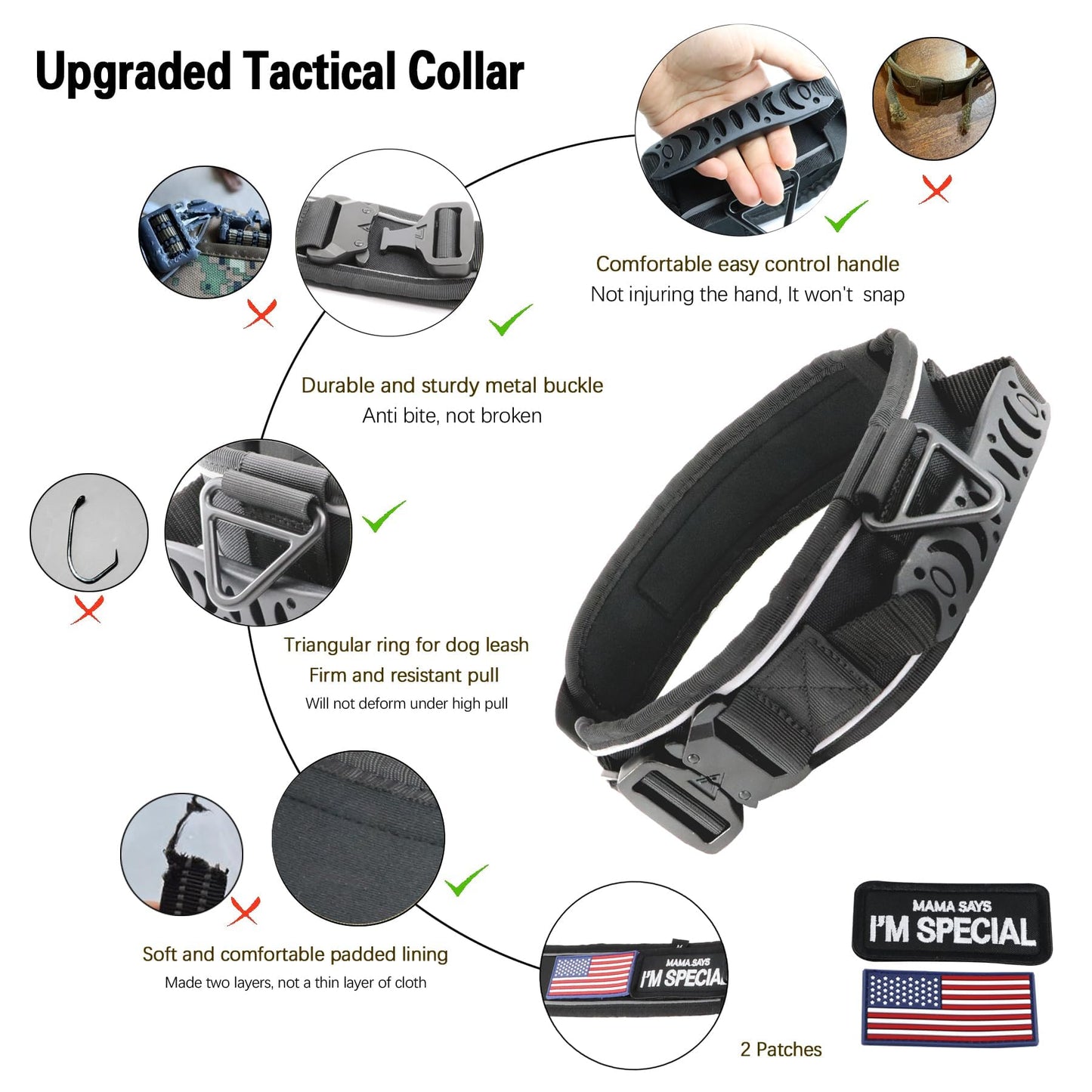 Comfluxe 2.5" Tactical Dog Collar for Medium Dogs, Adjustable Heavy Duty Military Nylon Dog Collar with Reflective Stitching & Padded Handle for Hiking/Running/Training (Black,M)