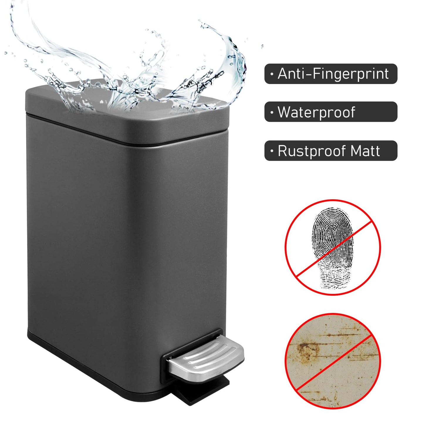 5 Liter/1.3 Gallon Slim Small Trash Can with Lid Soft Close, Stainless Steel Garbage Can for Bathroom Bedroom Office, Rectangular Step Trash Bin with Removable Inner Waste Basket (Platinum Gray)