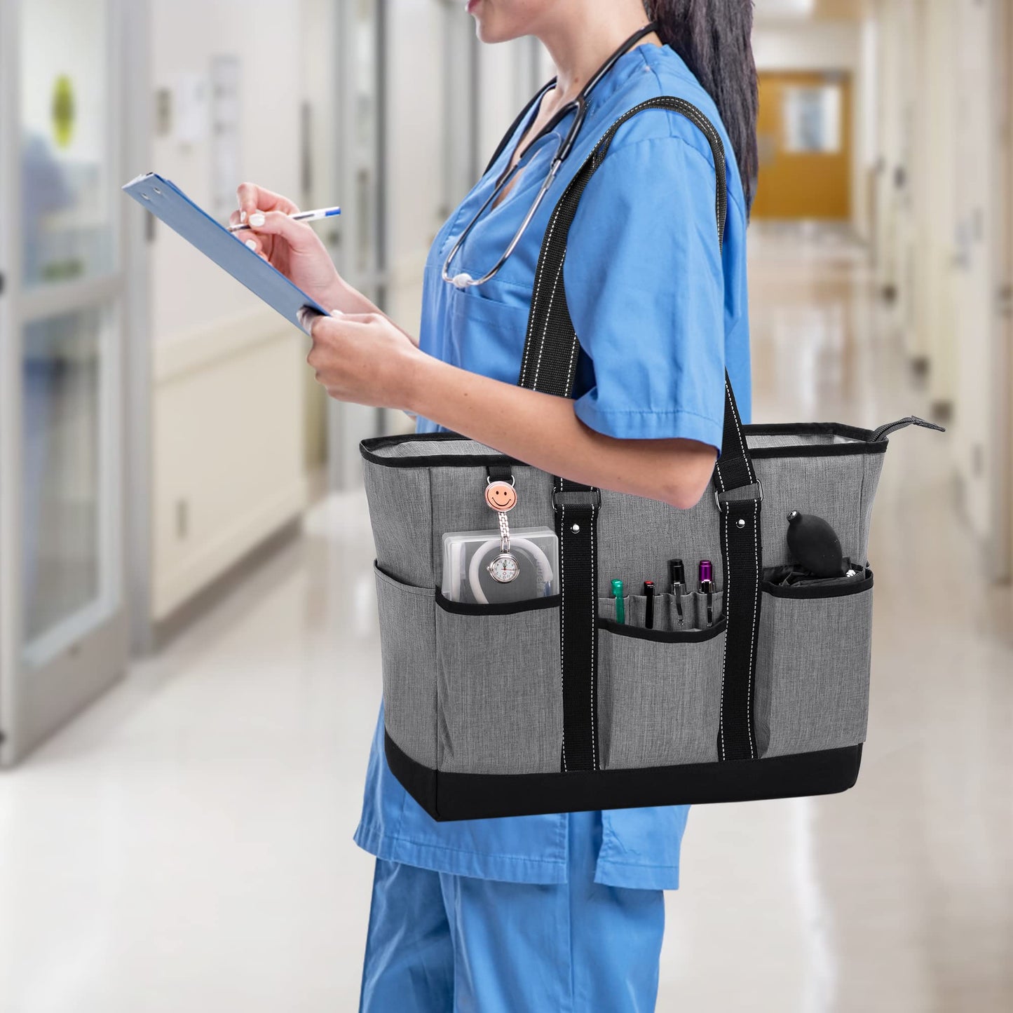 Damero Nurse Tote Bag with Padded Laptop Sleeve, Medical Nurse Utility Bag with Multiple Pockets for School, Work, Home Health Care, Gray