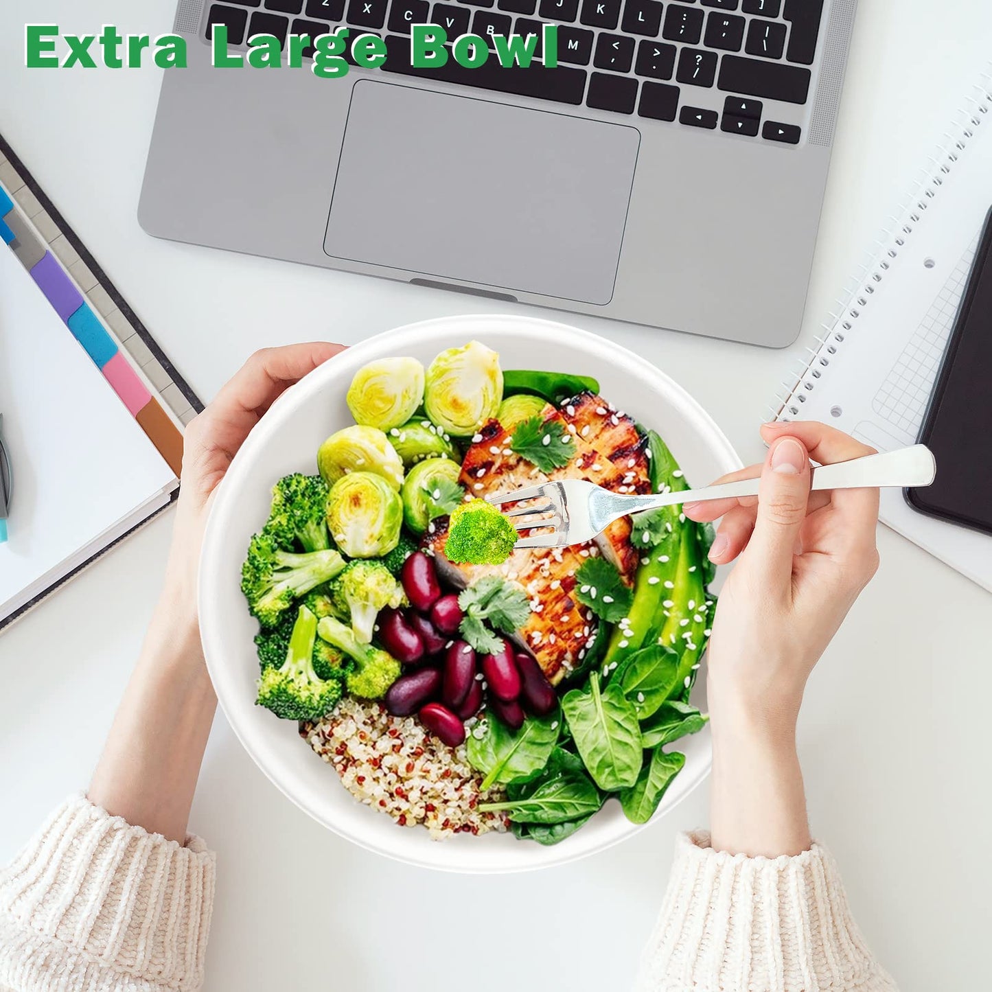 Bionutrio 40oz Large Paper Bowls Disposable, 100 Pack Heavy Duty, Compostable White Sugarcane Bowls For Cereal, Salads, Hot & Cold Food