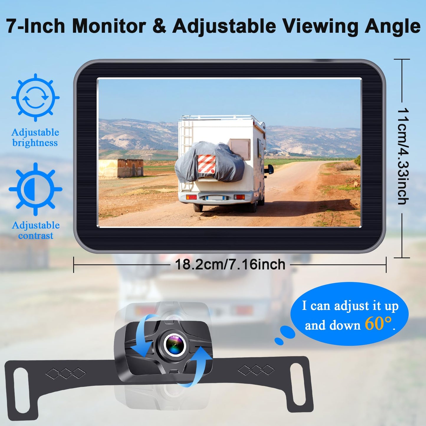7-Inch Wireless Backup Camera for Truck - 2 Channel, DIY Grid Lines, HD 1080P, Night Vision, IP69K Waterproof, Easy Installation for Trucks, Pickup, Trailer, Cars - Parking Safety & Towing Assistance