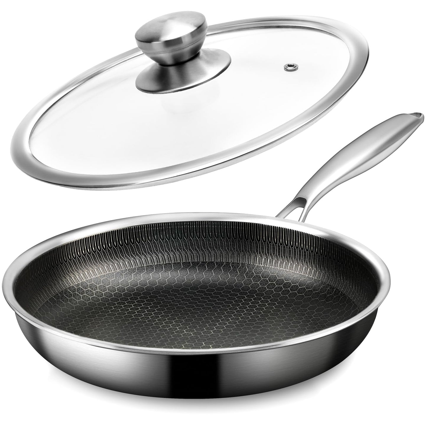 Stainless Steel Frying Pan with Lid - 9.5 Inch Nonstick Frying Pan with Lid, Honeycomb Stainless Steel Skillet Omelet Chef's Pan with Stay Cool Handle, Induction Compatible, PFOA Free