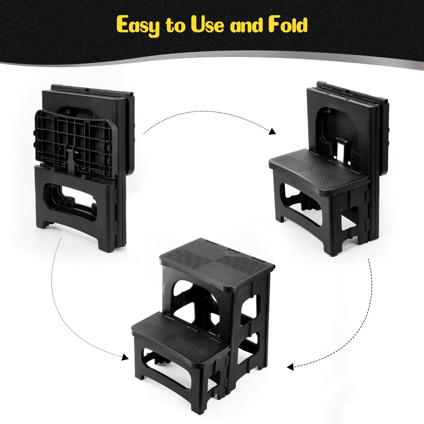Ligebul 2-Step Stool Foldable, Plastic Steps Stool Folding Step Ladder Two Step Stools Collapsible Step Stools for Adults for Kitchen Home Bathroom RV-Black