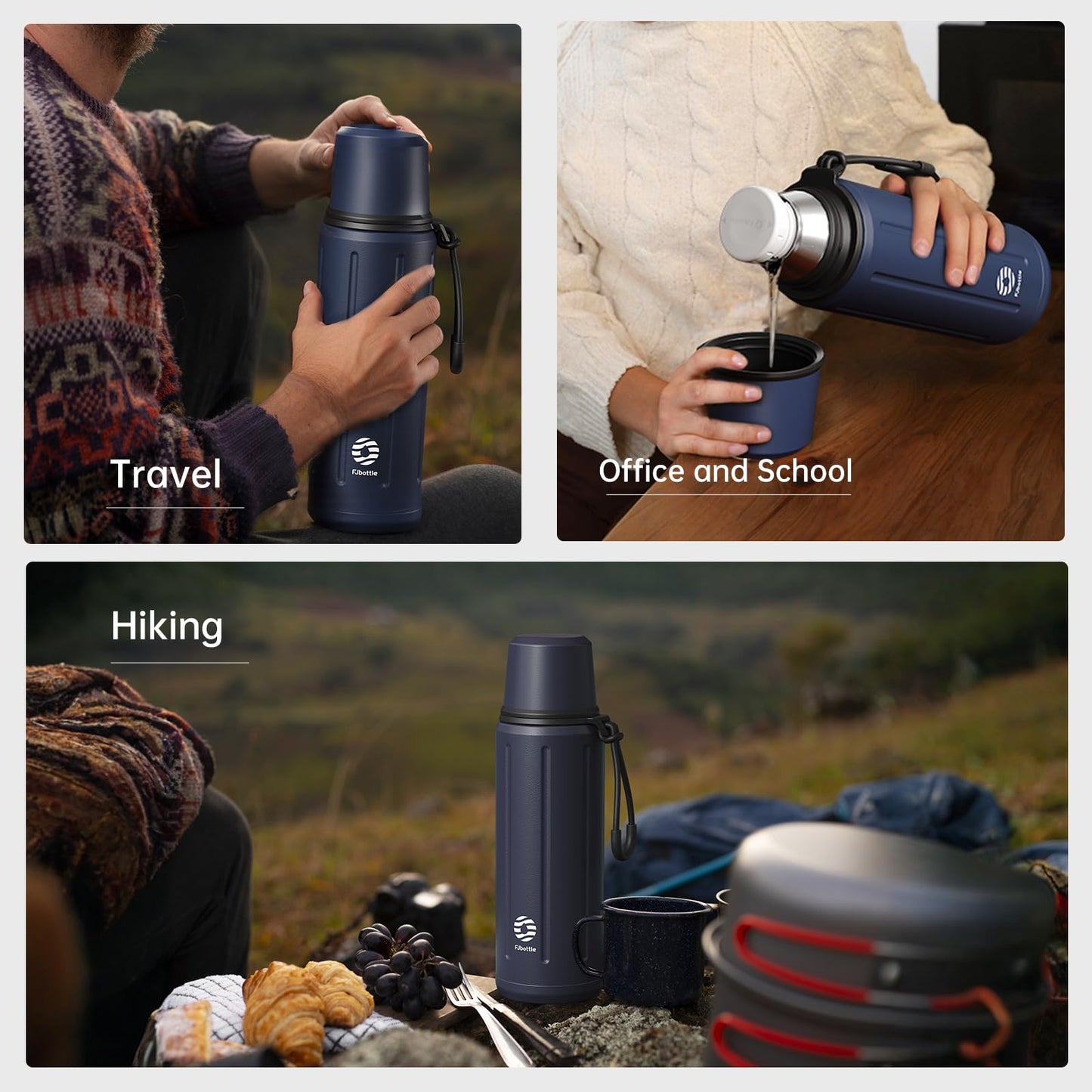 Heater 1L Thermo Water Bottle with Cup(72 hrs Ice Cold & 24 hrs Hot) Flask for hot Water with Removable Base and Filter 18/8 Stainless Steel Coffee Flask for Travel Office and School(Dark Blue)
