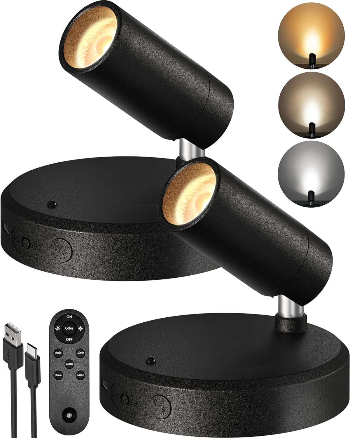 EZVALO Spotlights Indoor with Remote, 5500mAh Rechargeable Picture Lights, Wireless LED Uplighting with Timer & Dimmable, 3CCT, Mini Spot Lights for Plants, Painting, Accent Lighting (2 Pack-Black)