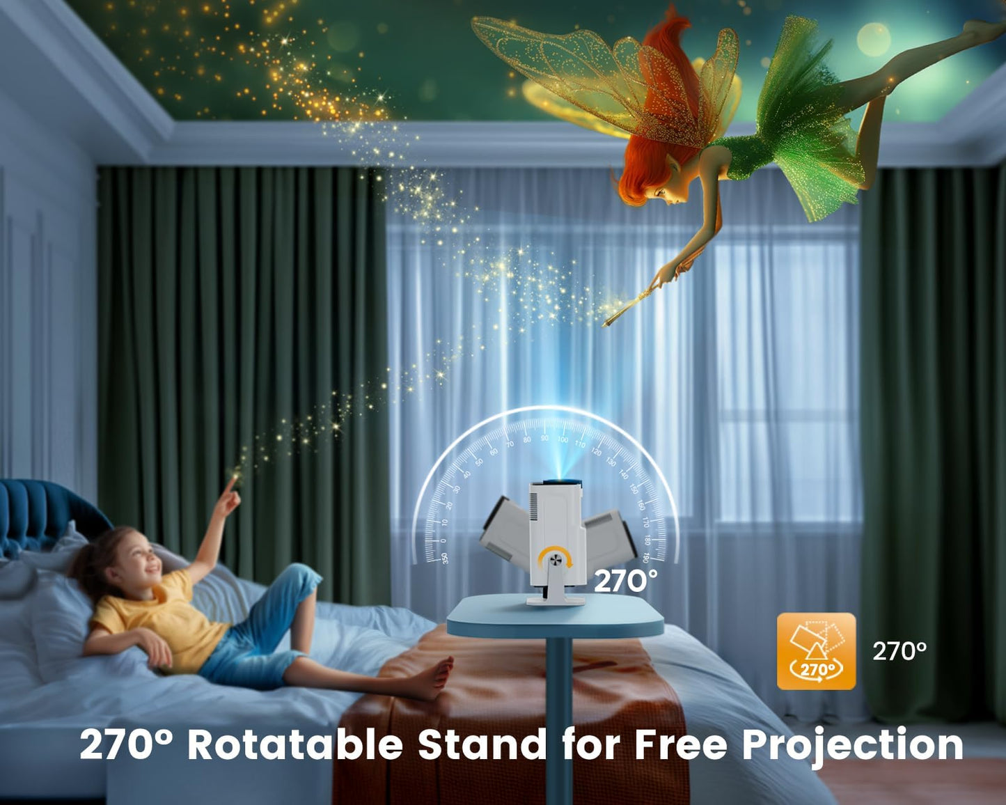 【4K Supported】 Mini Projector 4K with WiFi6 and Bluetooth5.2, Native 1080P Mini Portable Projector with 270° Rotation, Home Movie Projector with 【Auto Keystone】 for HDMI, USB, TV Stick, PS5