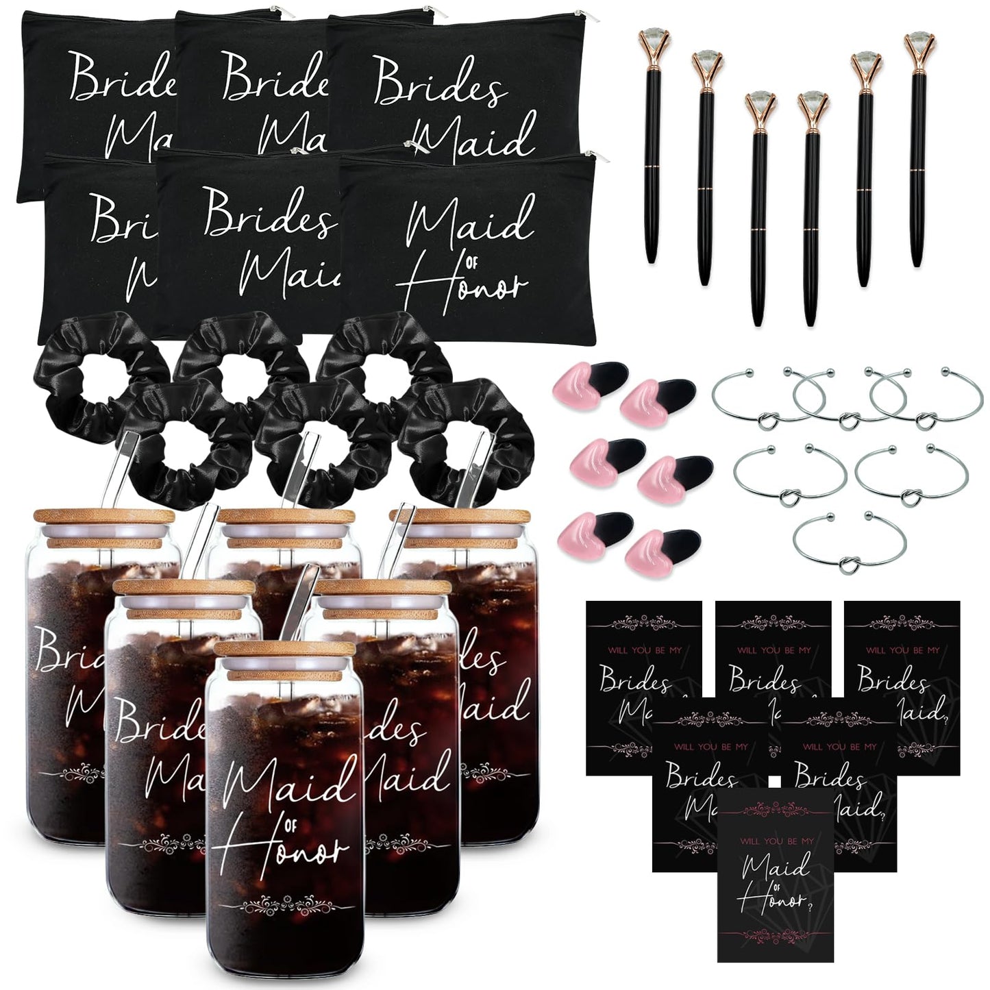 KIKINIKO 42 pcs Bridesmaid gifts bridesmaid proposal gifts, Maid of Honor Gifts contain 16oz Glass Cups Cosmetic Makeup Bags Invited Cards Scrunchies Hair Knotted Bracelets Diamond Pens love clip,