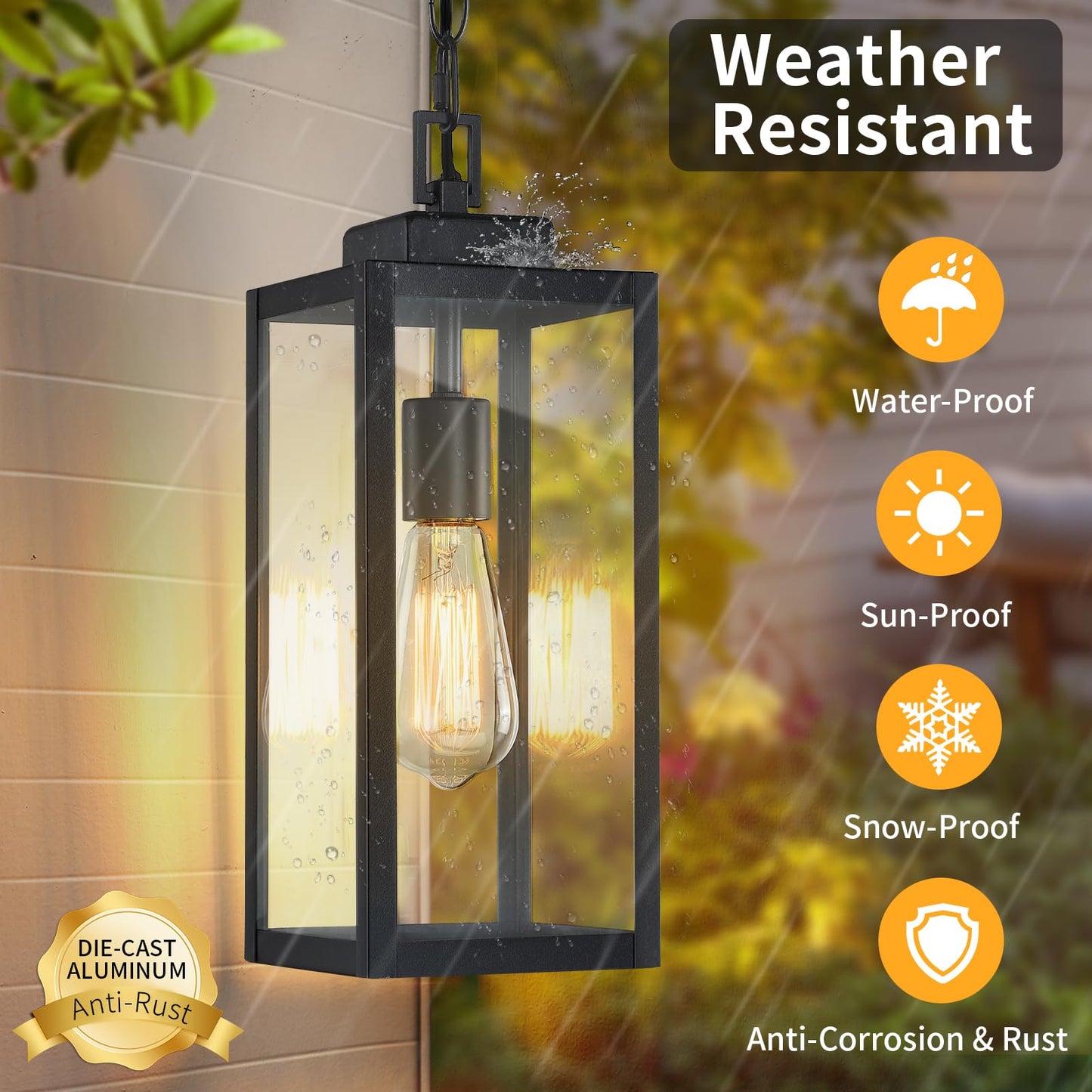 15'' Outdoor Pendant Light, Modern Outside Chandelier Outdoor Hanging Lantern Light, Matte Black with Clear Glass, Exterior Pendant Lighting Fixture for Porch, Yard, Gazebo, 1Pack