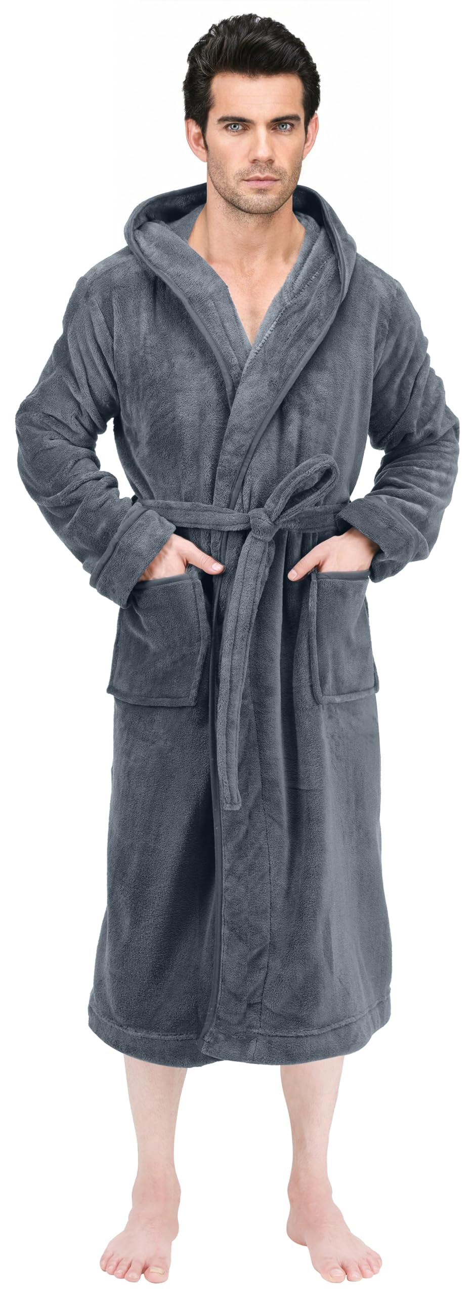 NY Threads Men's Hooded Fleece Bathrobe Plush Long Spa Robe, Grey, Large-X-Large