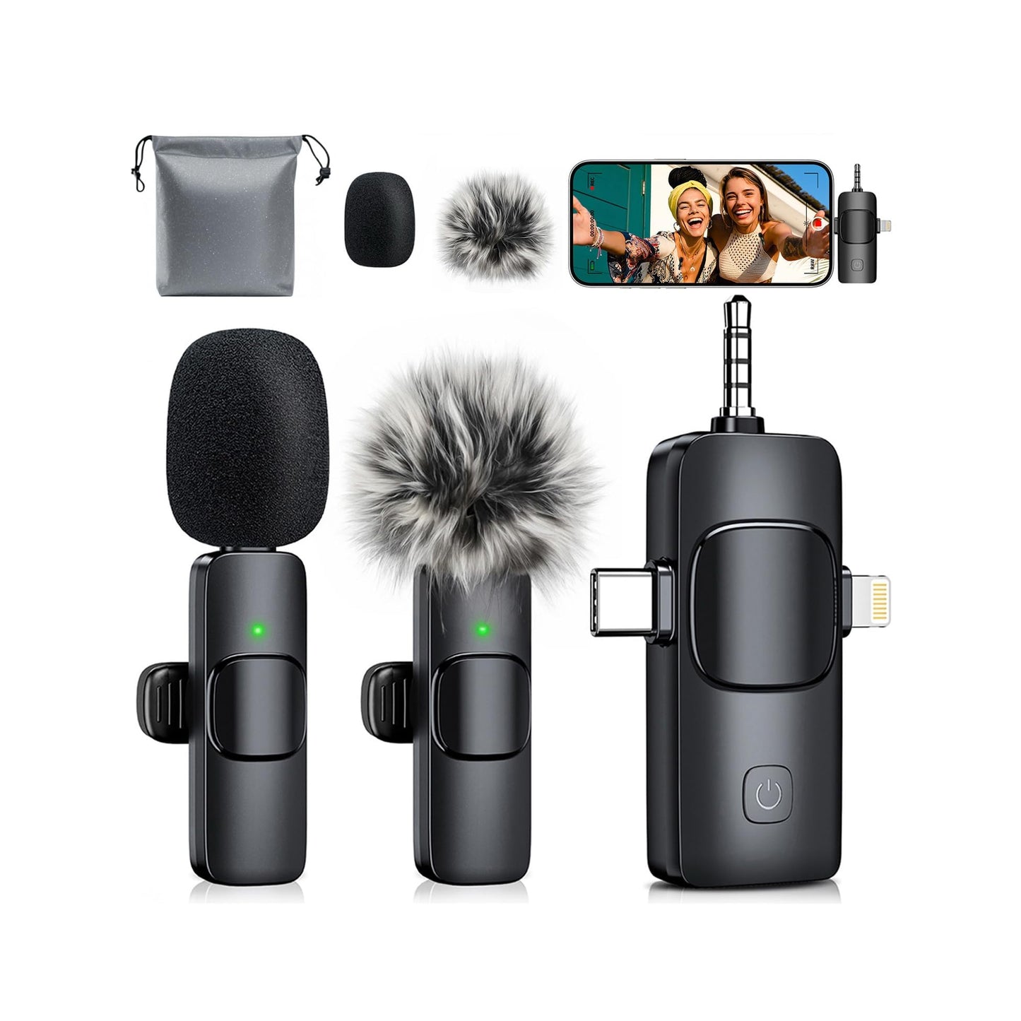 MENERESAS 3-in-1 Mini Microphone for iPhone: Wireless Lavalier Microphones for iOS/Android Devices/Camera - Noise Reduction Lapel Mic - Clip on Mic for Video Recording, Multifunctional