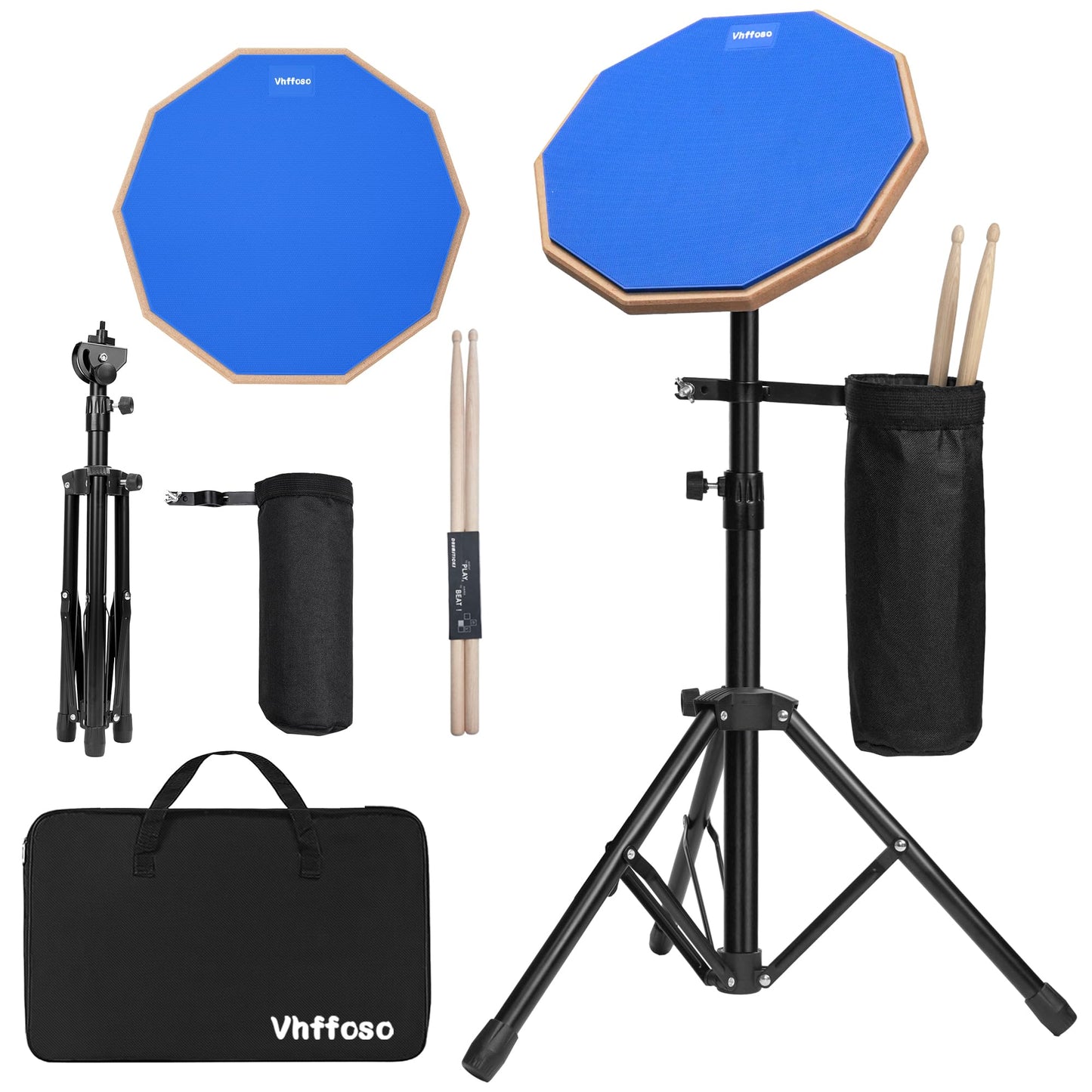12 Inch Practice Drum Pad with Stand and Sticks, Beginner Snare Drum Pad with Drumsticks and Carrying Bag, Double Sided Silent Drum Pad (Blue)