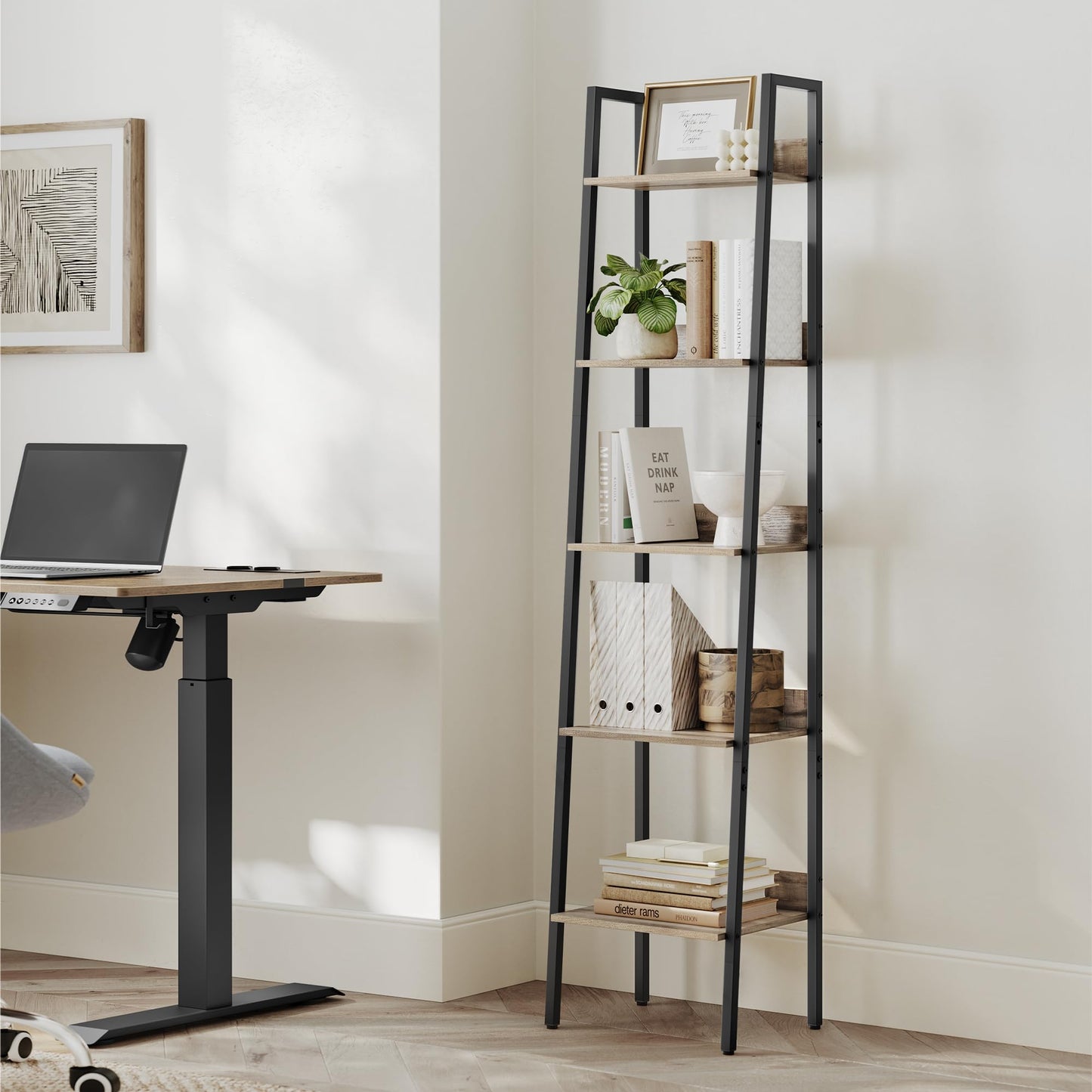 VASAGLE Bookshelf, 5-Tier Narrow Book Shelf, Ladder Shelf for Home Office, Living Room, Bedroom, Kitchen, Camel Brown and Black ULLS109B50V2