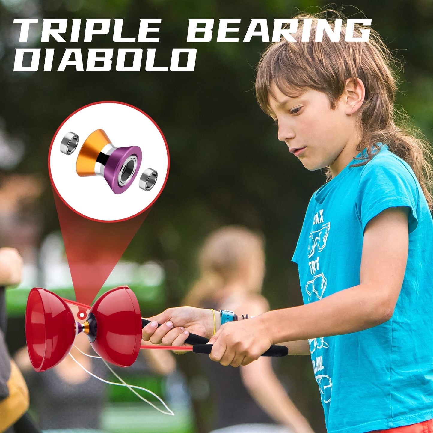 MAGICYOYO Diabolo Pro Triple Bearing, High Performance Red Chinese Yoyo Ball Toy Medium Size 5' with Extra 2 Pair Carbon Sticks + 1 Net Bag + 2 Diabolo Strings, Ideal Gift for Kids & Adults