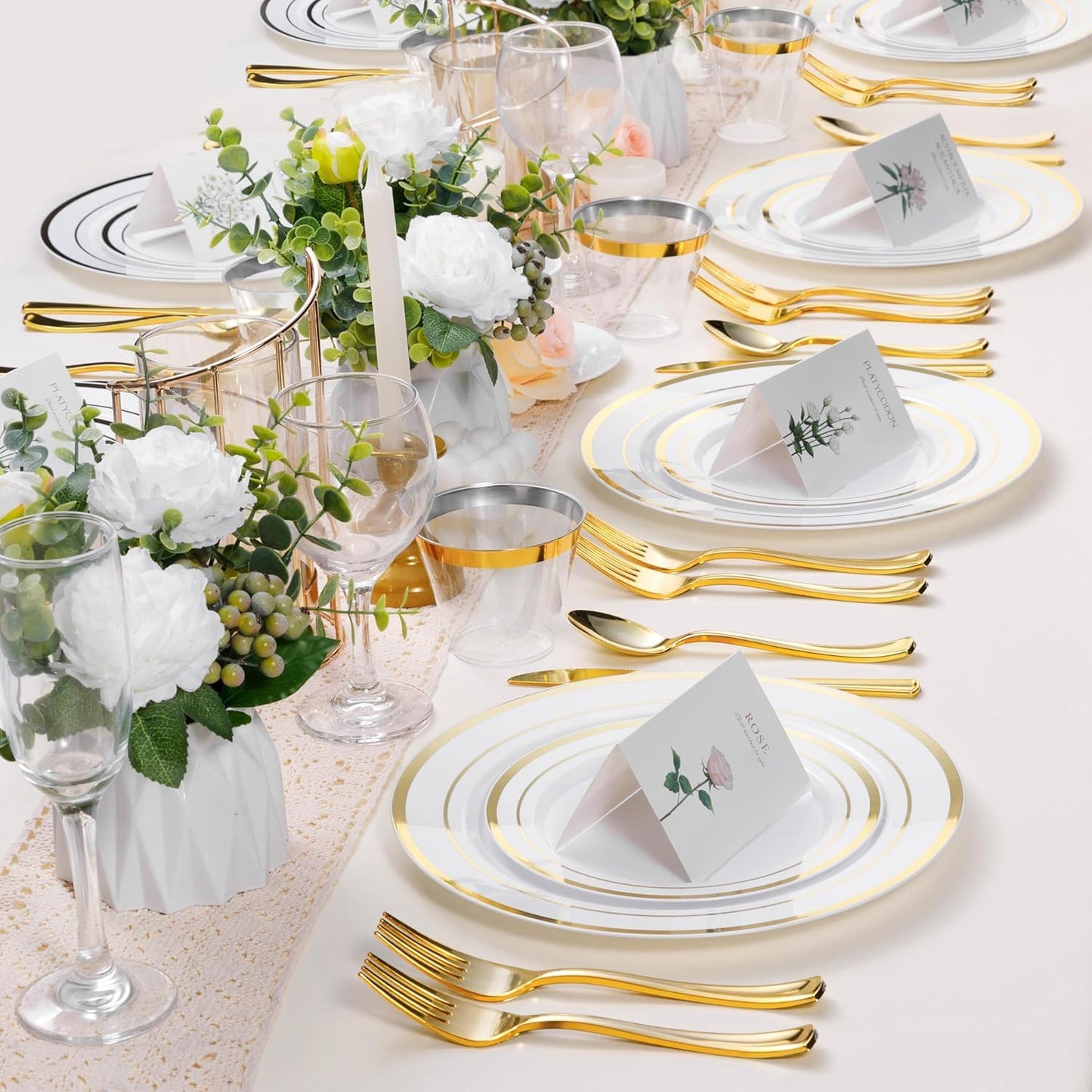 Goodluck 100PCS Gold Plastic Plates, 10.25 Inch Disposable Dinner Plate Party with Gold Rim, Heavy Duty Disposable Plastic Plates for Party, Wedding and Birthday