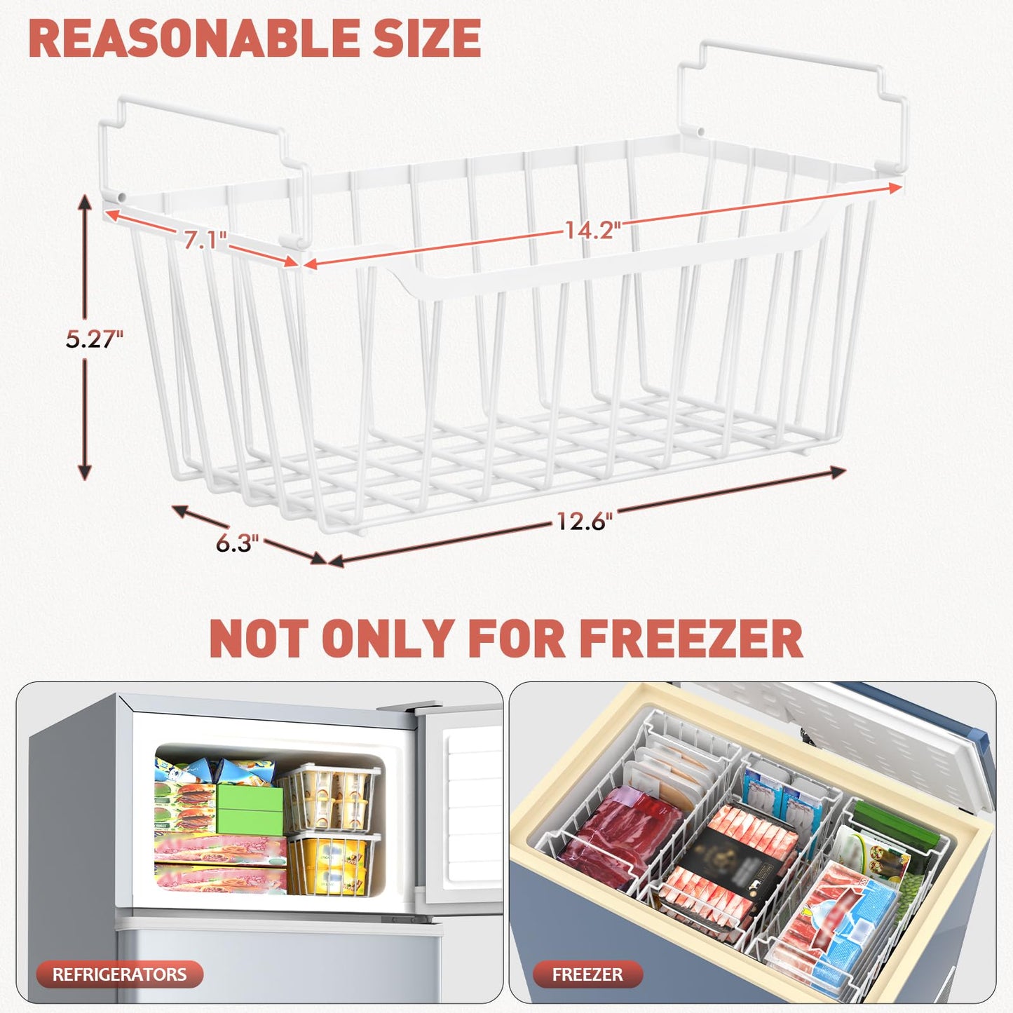 Goovilla Freezer Organizer Bins with Foldable Handle, 8 Pack Stackable Freezer Baskets for 3.5-7 Cu.FT Deep Chest Freezer Organization, White Metal Freezer Storage Bins with Better Space Utilization