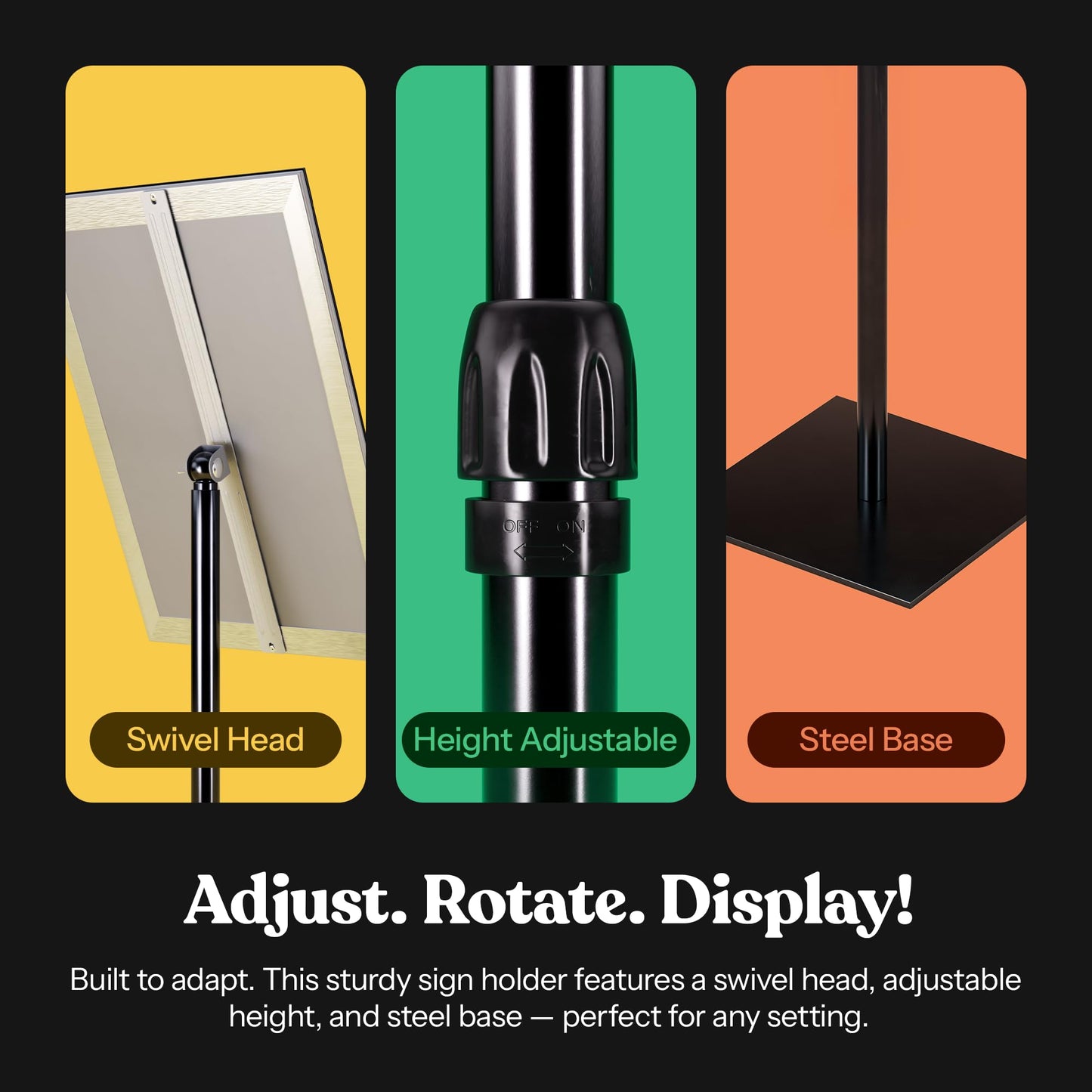 T-SIGN Adjustable Heavy Duty Pedestal Poster Stand, Square Steel Base, 11 x 17 Inch Aluminum Snap Open Frame, Vertical and Horizontal Displayed, Black