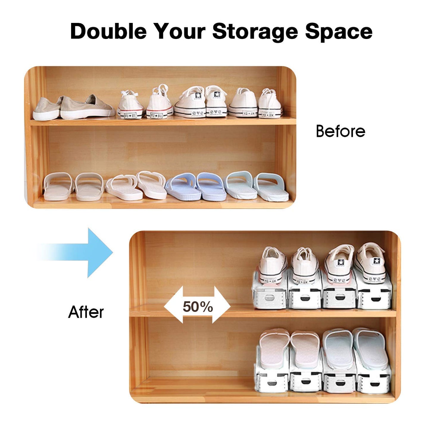 Shoe Slots Organizer 20 Pack, Adjustable Shoe Storage Organizer Shoe Stand Space Saver, Double Deck Closet Shoe Rack Holder for Organization, Rangement Chaussures (White)