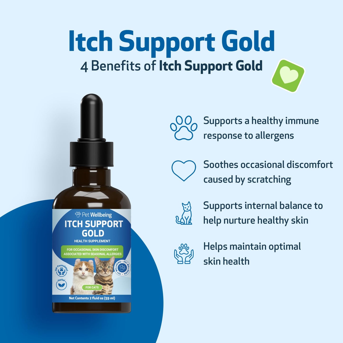 Pet Wellbeing Itch Support Gold for Cats - Occasional Itching, Scratching, and Hot Spots, Environmental and Seasonal Allergies, Dong Quai - Veterinarian-Formulated Herbal Supplement 2 fl oz (59 ml)