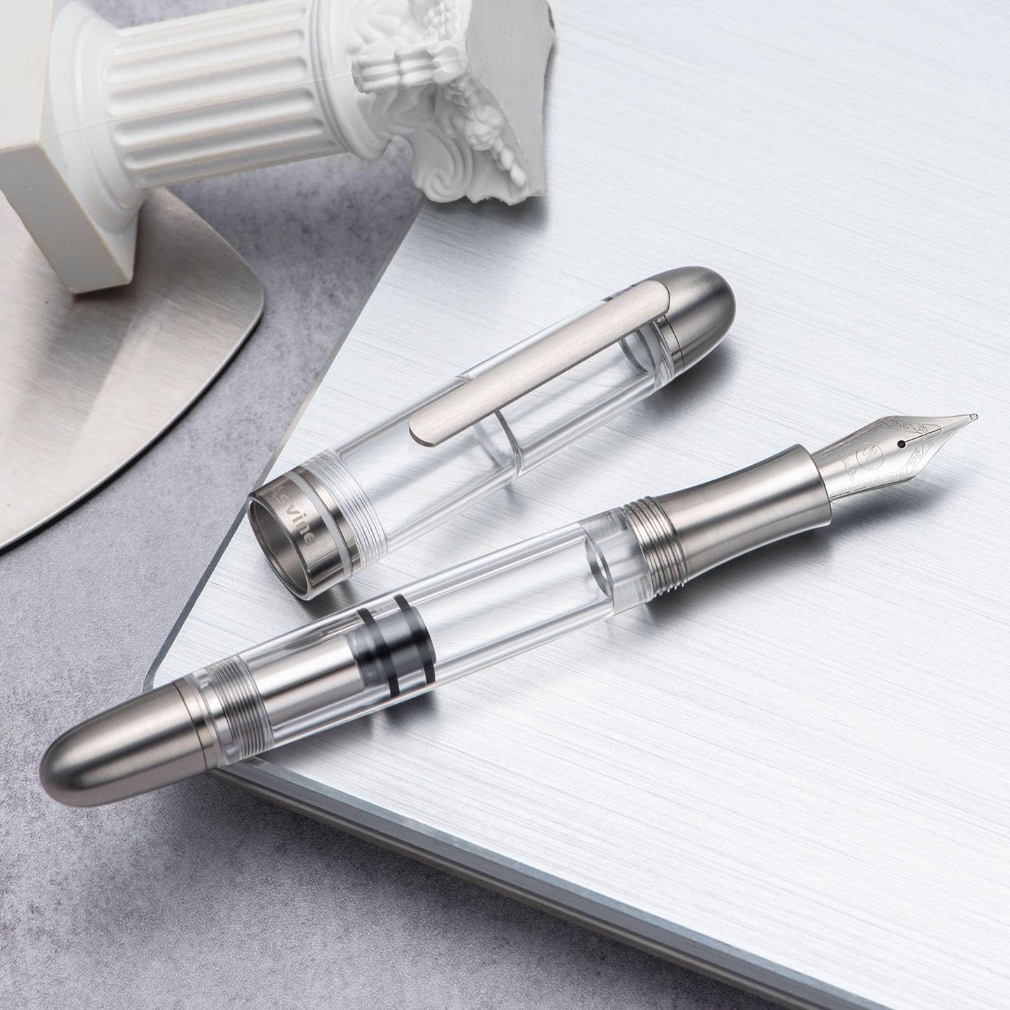 Asvine P36 Titanium Fountain Pen Piston Filling, Iridium Medium Nib Clear Transparent Acrylic Smooth Writing Pen Case Set
