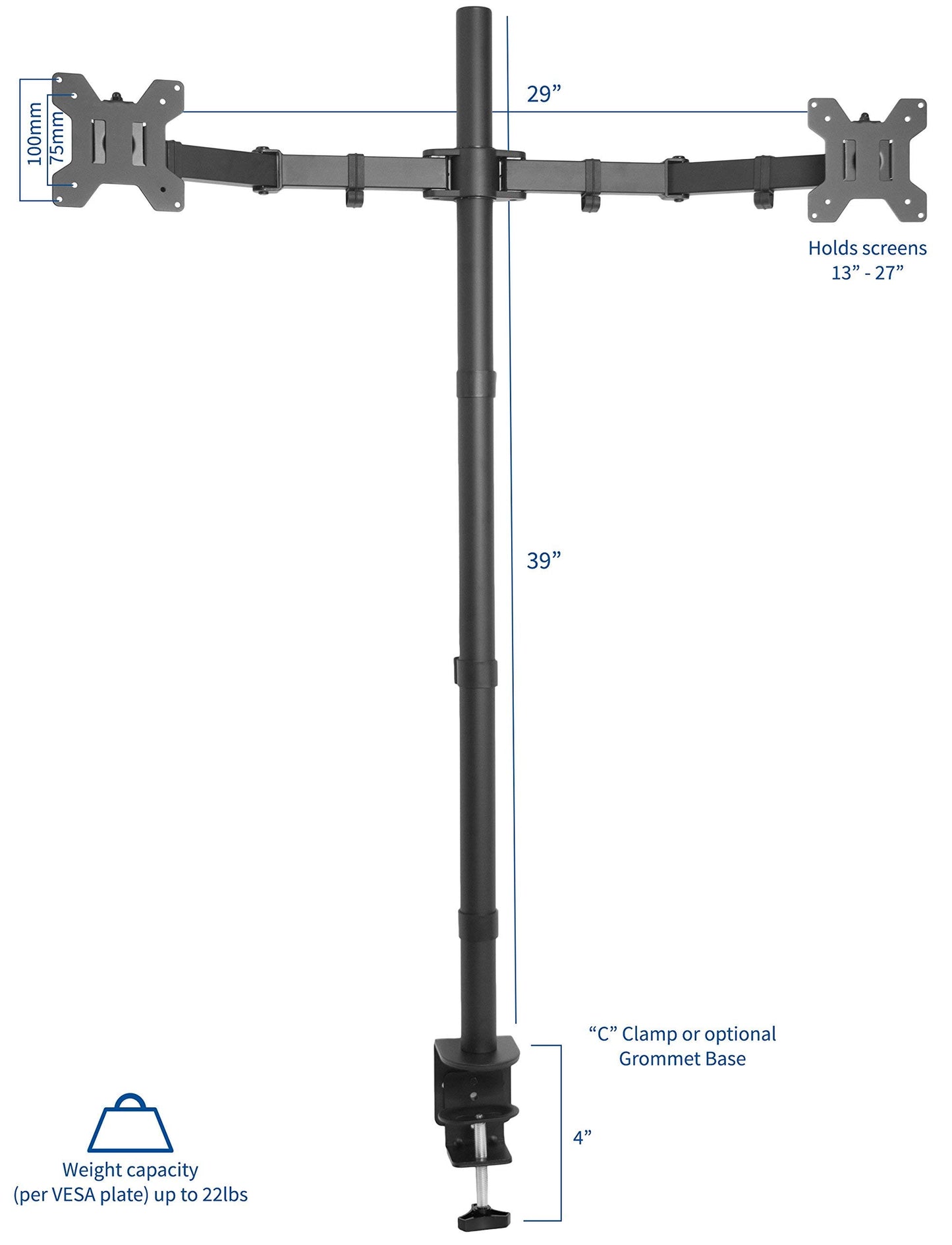 VIVO Dual Monitor Stand Up Desk Mount Extra Tall 99cm Pole, Fully Adjustable Stand for up to 27 inch Screens, STAND-V012