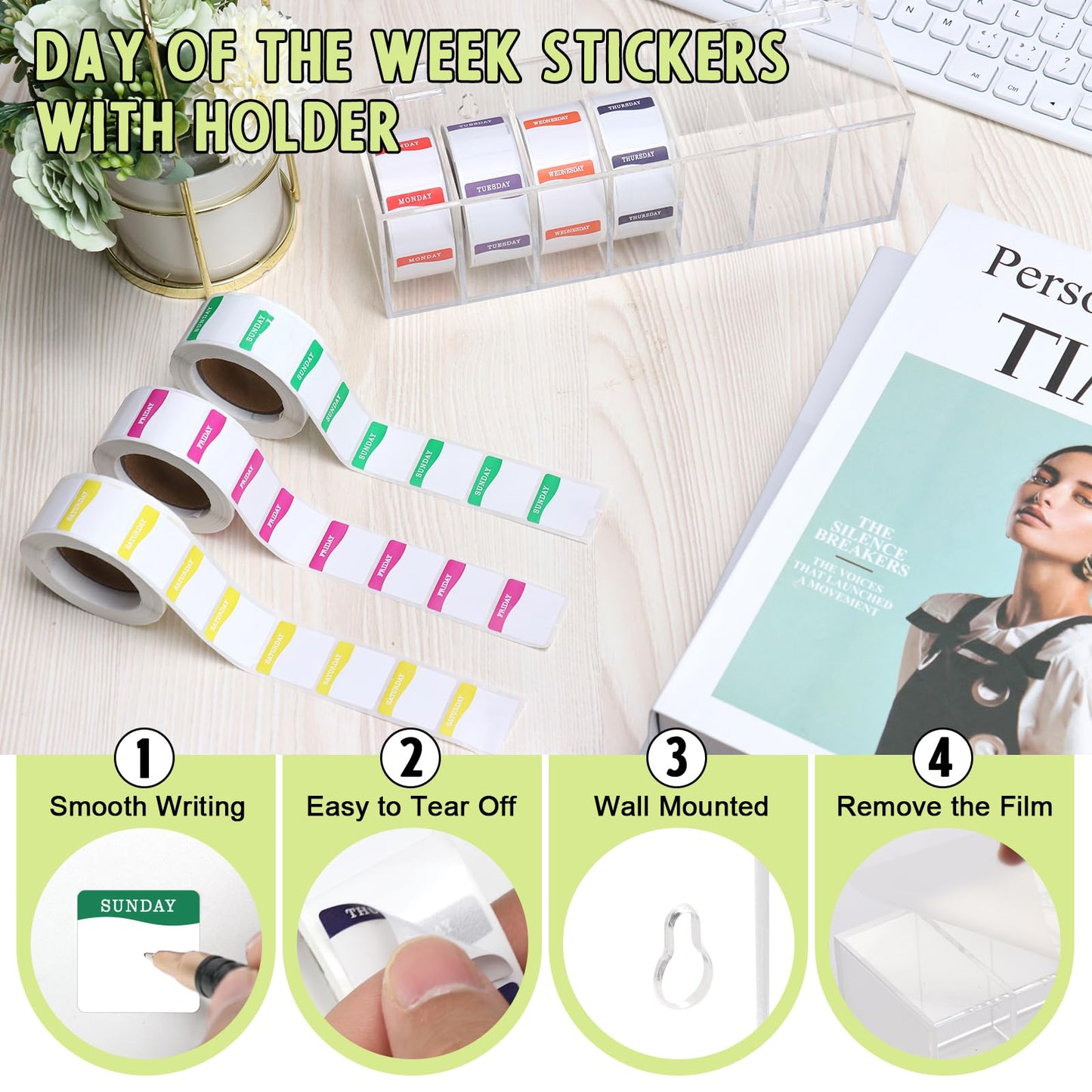 3500 Day of The Week Stickers with Wall Mounted Stickers Organizer Box Square Day Dots Food Labels Removable Food Rotation Labels 7 Slot Label Sticker Roll Holder for Kitchen Office