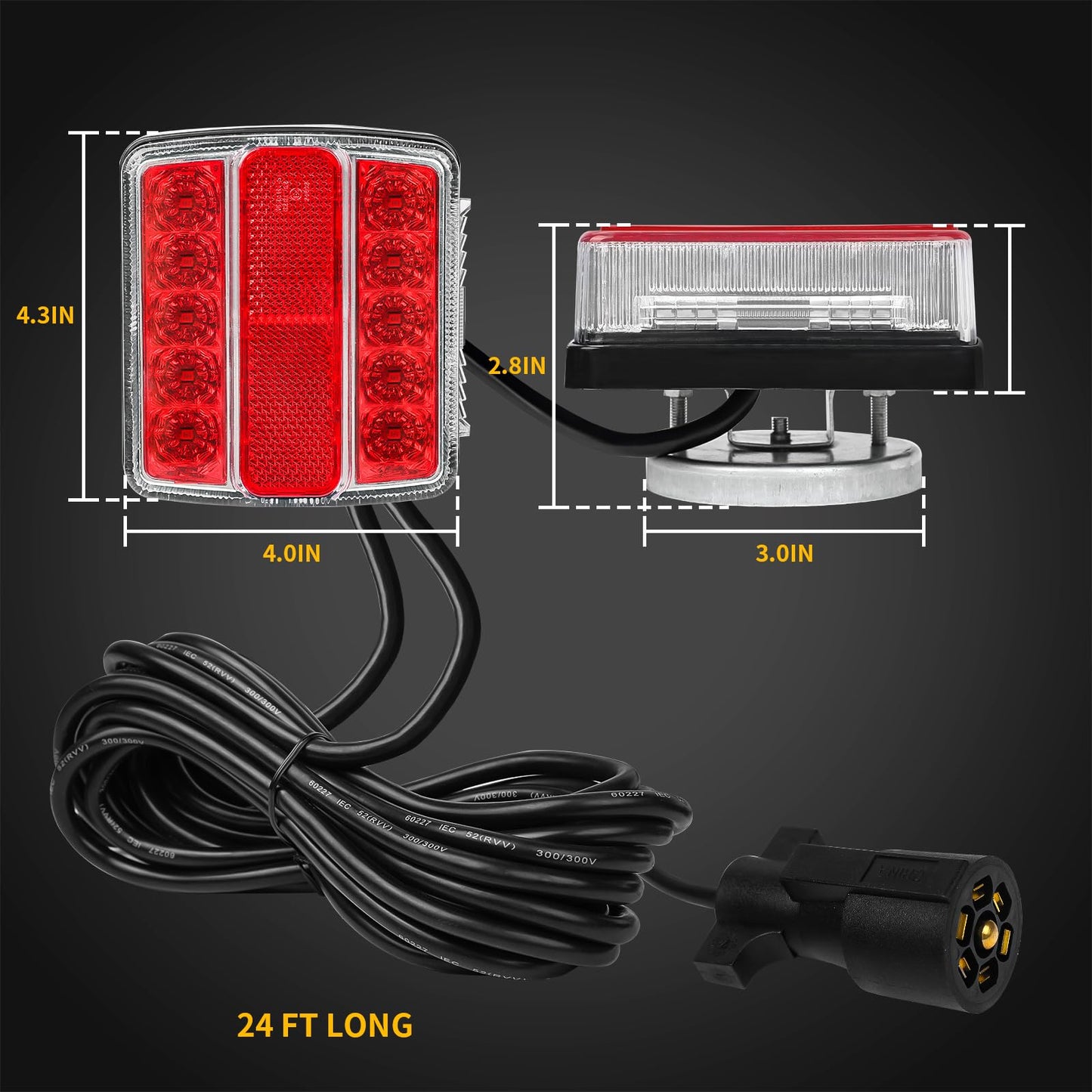 WUSHIXAN Magnetic Trailer Light Kit for Towing, 24ft Cable With 7-Pin Plug, IP68 Waterproof, DOT Certified