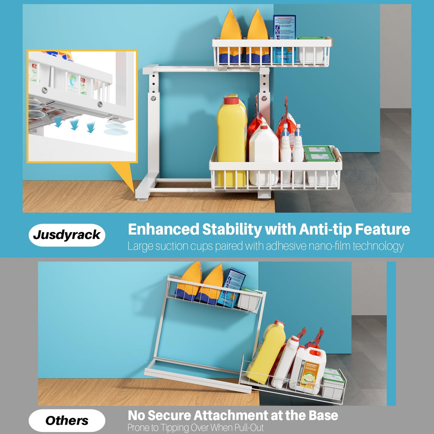 Jusdyrack 2 Packs Under Sink Organizer,Small Shelf for narrow spaces,2 Tiers Pull Out Under Cabinet Organizer,Adjustable Height,Slide Out Thickened Metal Under,White