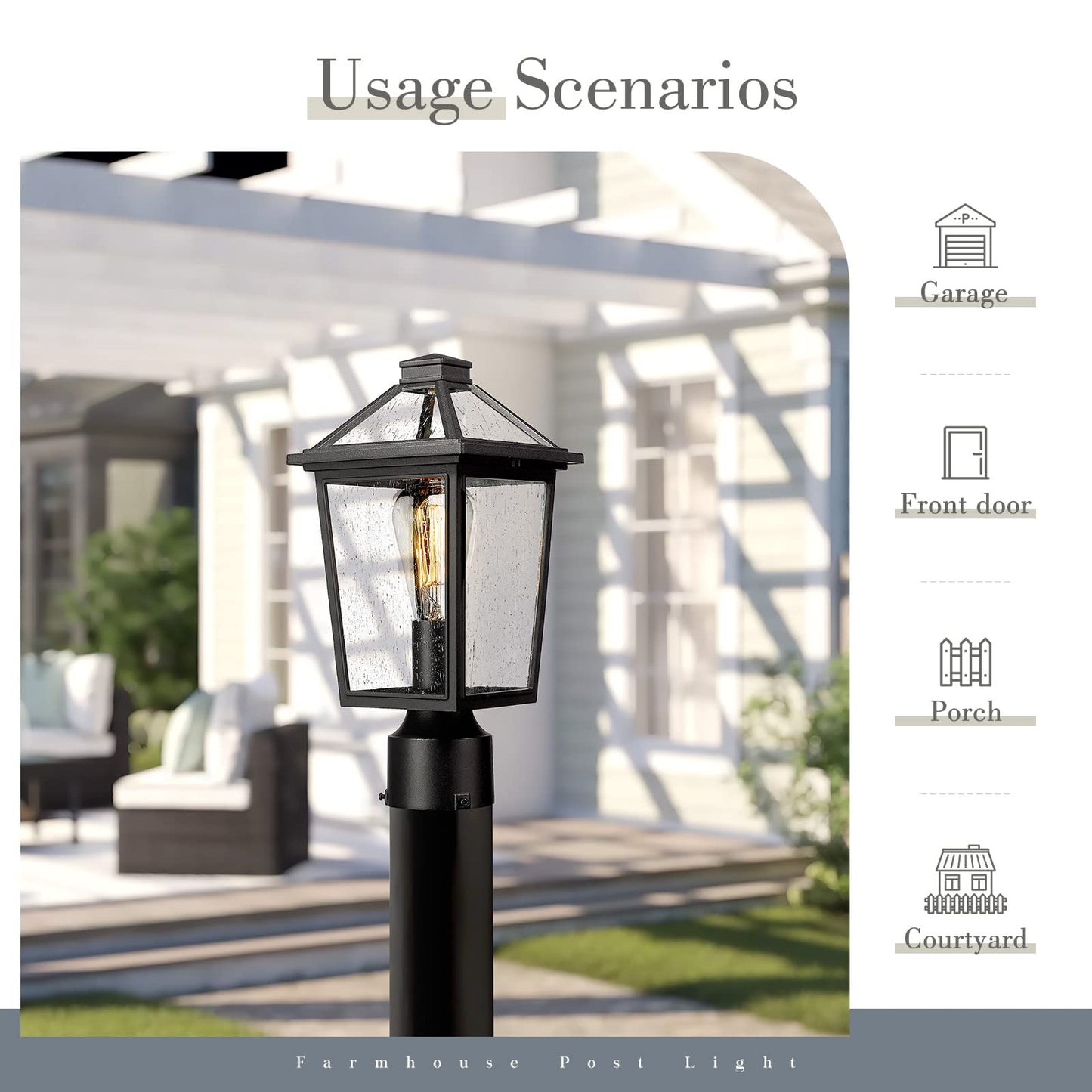 Zeyu Farmhouse Outdoor Post Light Fixture, 13.4 Inch Column Lamp Post Lantern for Garden Patio House, Die-Cast Aluminum in Black Finish, Seeded Glass Shade, ZX58P BK