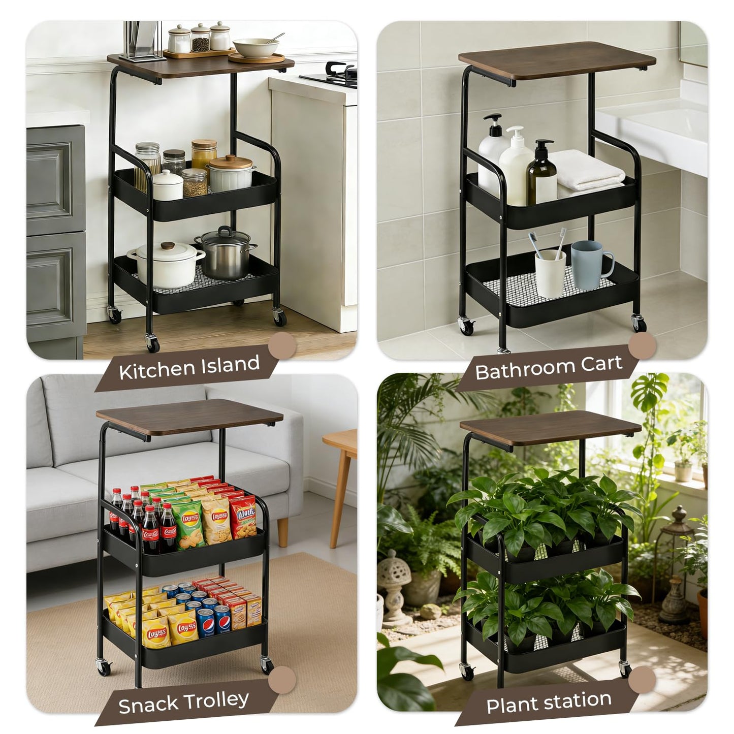 Y YOMA 3 Tier Rolling Utility Cart with Table Top, Metal Storage Organizer with Wheels for Small Space, Office, Kitchen, Bathroom, Dorm, Coffee Station - Black
