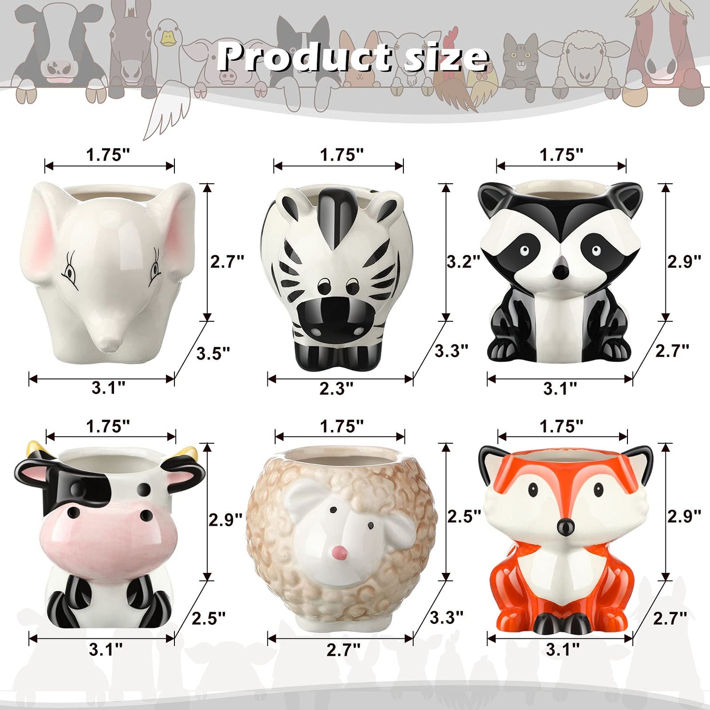 6 Pieces Cute Animal Succulent Planter Pot with Drainage Hole, Cartoon Cow Elephant Ceramic Flower Plant Pot Tiny Flower Planter Cactus Container Indoor Outdoor Office Home Decor