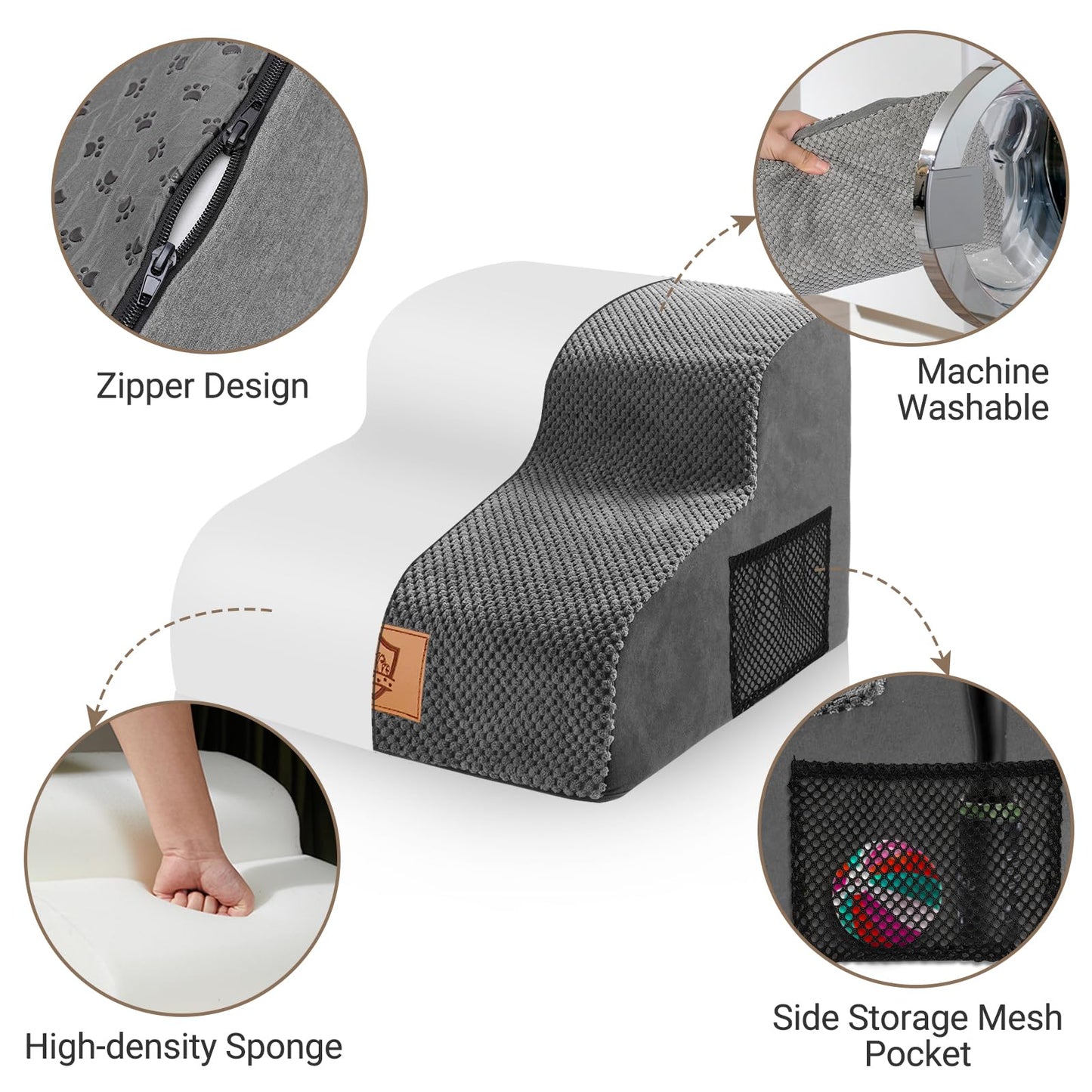 Almcmy 2-Step Dog Stairs for High Bed, Foam Pet Stairs with Removable Washable Cover, Non-Slip Dog Steps Ramp for Small & Older Dogs, Holds Up to 50 lbs, Grey