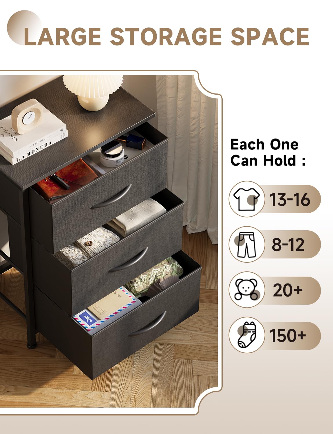 KitMent Night Stands, Beside Table End Table with 3 Fabric Drawers, Beside Furniture to Storage, 3 Bins for Bedroom, Kids Closet Dorm Guest Room, Black