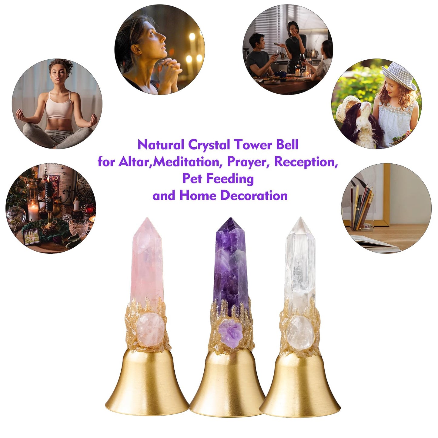 Super Loud Solid Brass Hand Call Bell Meditation Altar Bell - Solid Brass Ritual Tool for Prayer, Home Decor & Pet Feeding (Natural Crystal Tower Design)