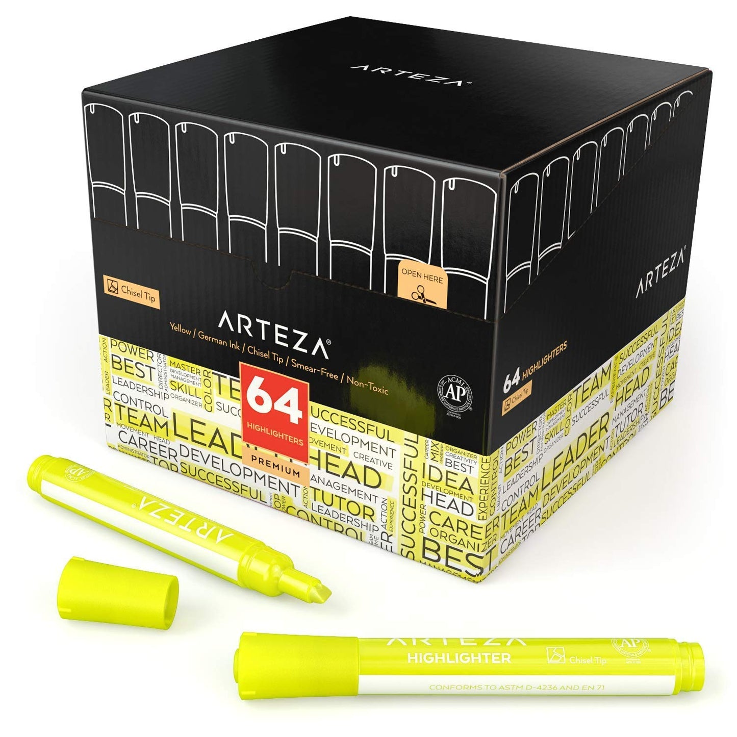 ARTEZA Yellow Highlighters in Bulk, Pack of 64, Chisel Tip Markers