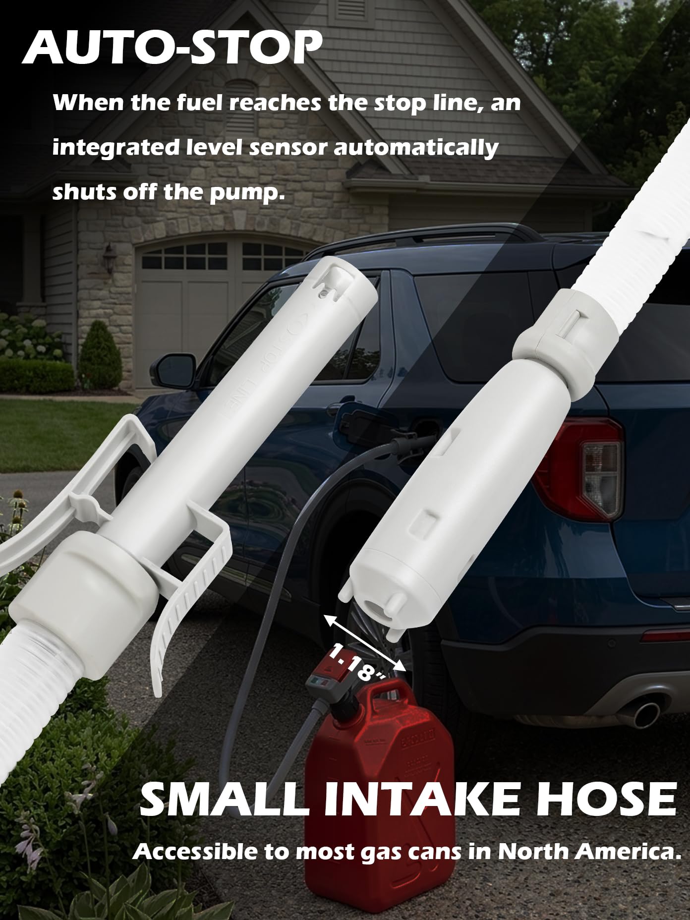 Battery Powered Fuel Transfer Pump/Portable Automatic Siphon Jerry Gas Pump for Gasoline Diesel Fuel Fluid Liquid with Auto-stop Flexible Long Hose and 3 Adaptors Fit Most Gas Cans