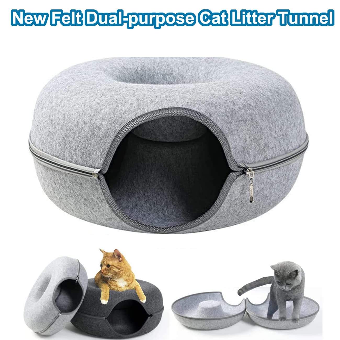 HY-MS Cat Tunnel Bed, Cat Hideaway Cave - Tunnel Bed for Cats Detachable Round Felt Cats Bed, Available in All Seasons(L, 60 * 60 * 27cm)