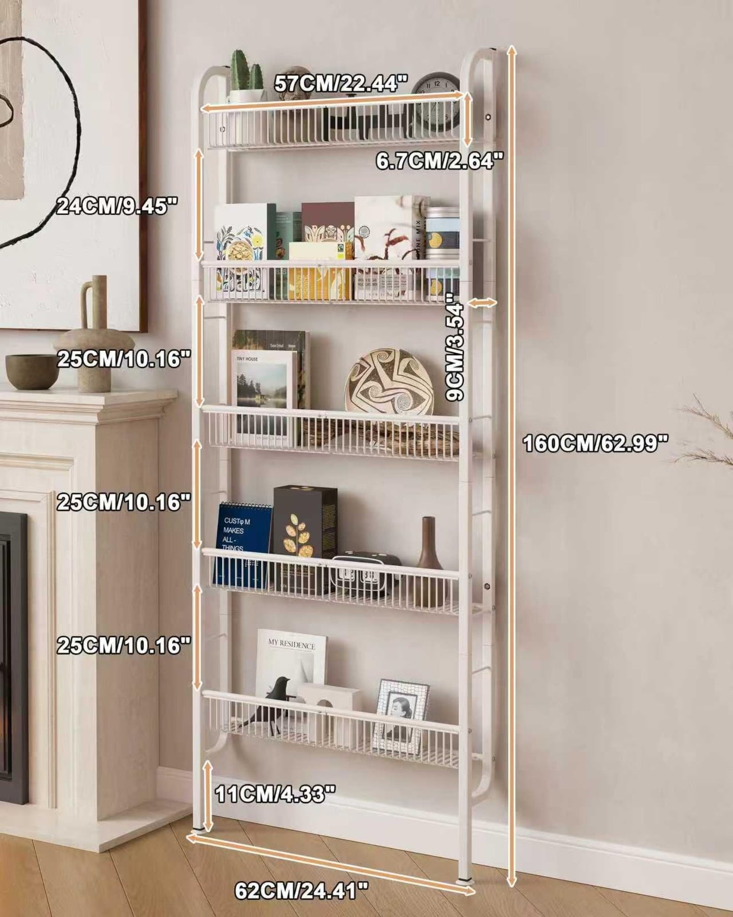 UMDONX Narrow Metal Storage Shelf Behind Door Organizer 5 Tier, Bookshelf Bookcase Book Rack Bathroom Shelving Unit Multifunctional (White 62x9x160cm)