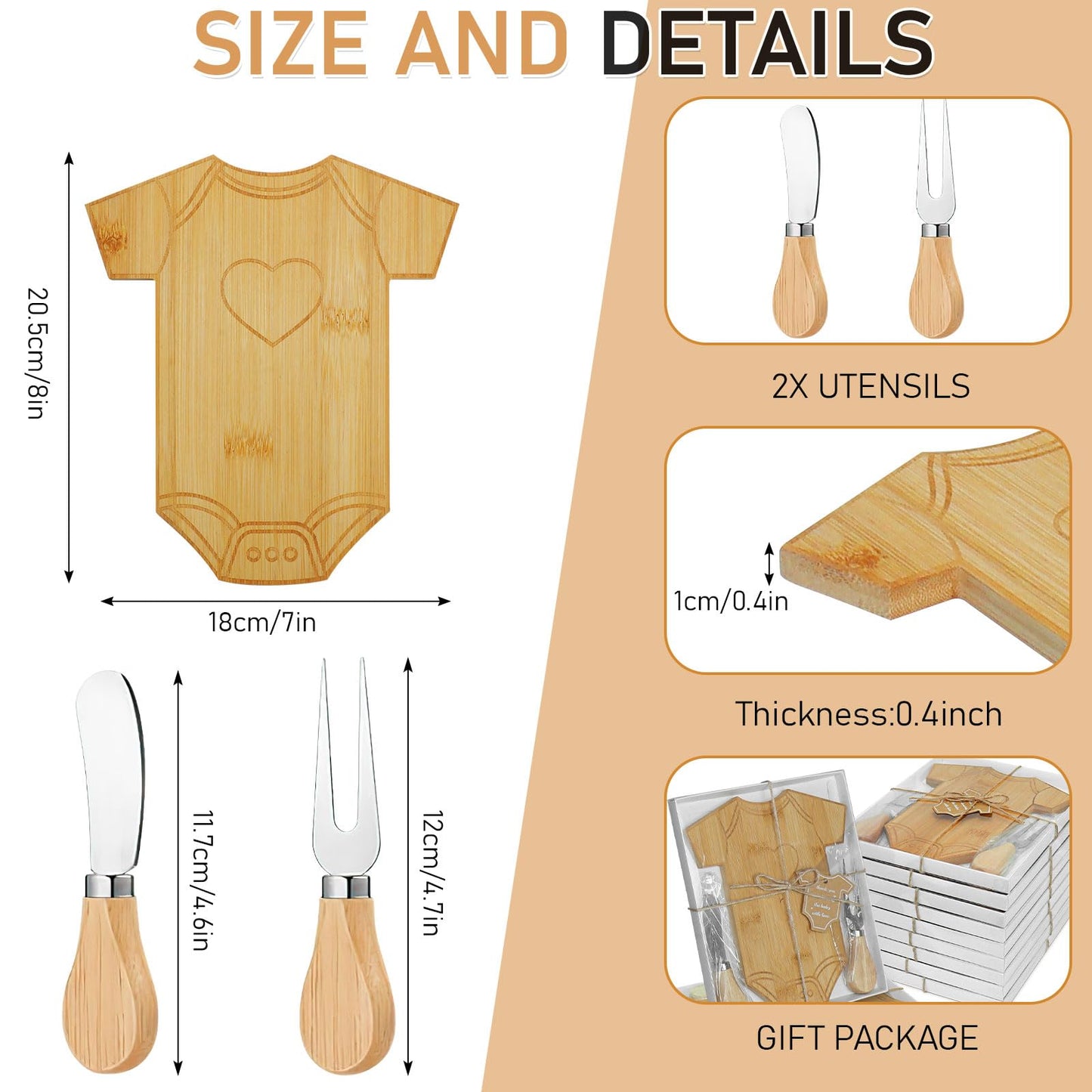12 Set Baby Shower Favors, Clothing Shaped Charcuterie Boards with Butter Knife Fork Stickers Box, Baby Clothes Cutting Board Party Favors for Birthday Wedding Baby Shower Gifts